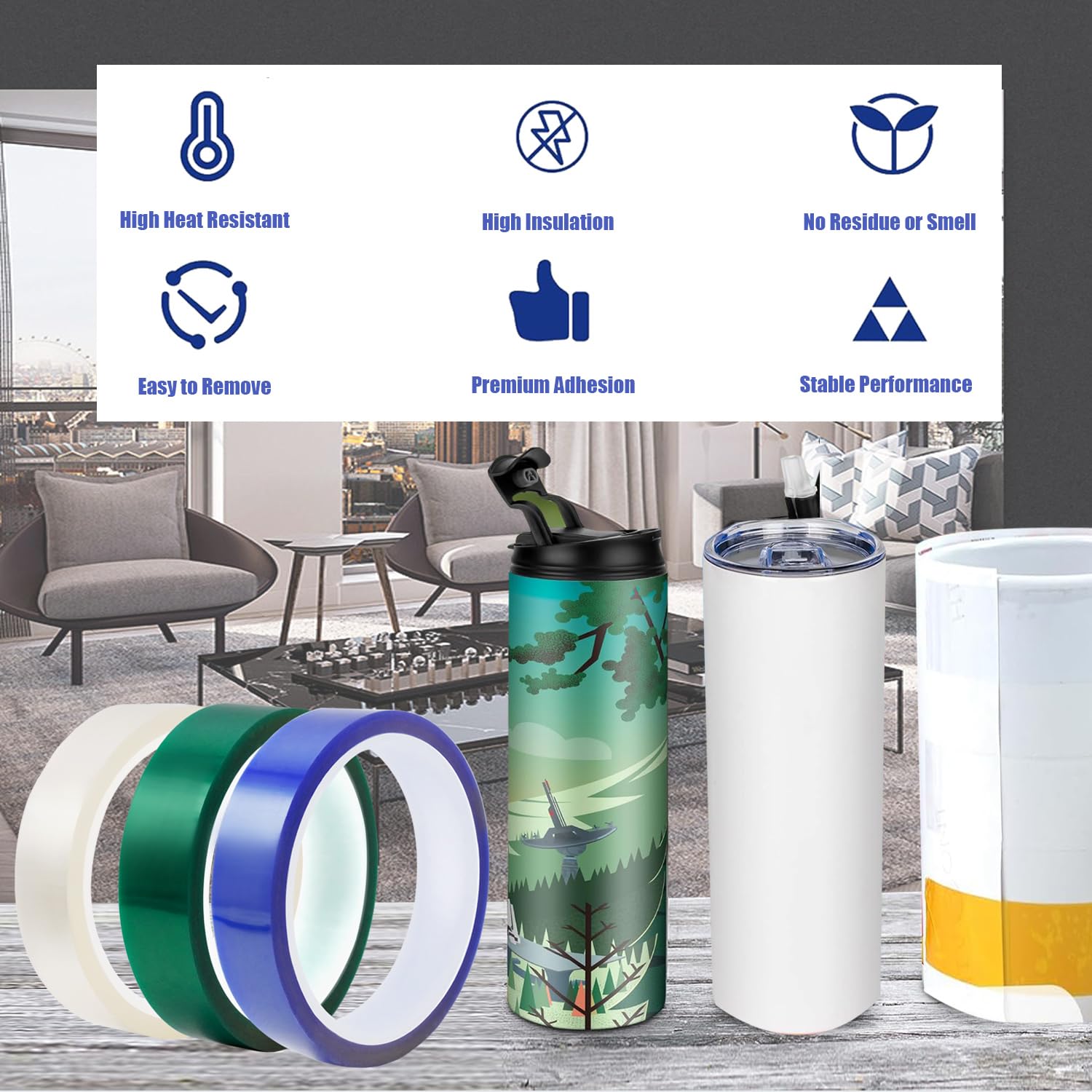 4 Rolls Heat Resistant Sublimation Tape - 20mm x 33m (108ft) No Residue Adhesive for Heat Transfer Press - Perfect for T-Shirts, Mugs & DIY Crafts (Blue)