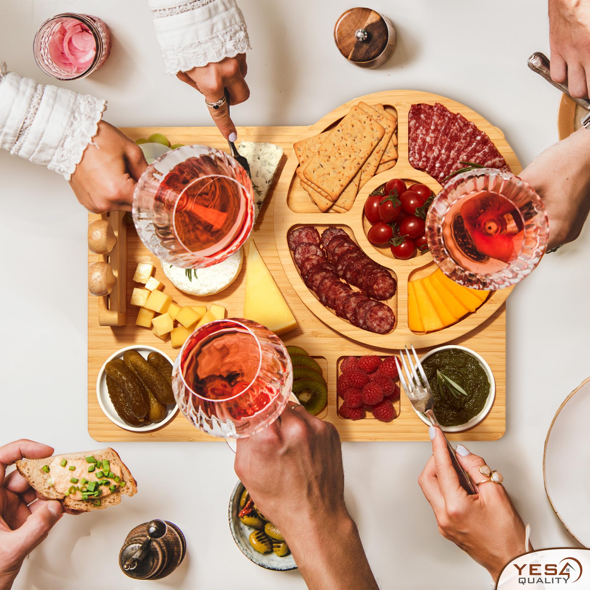 Premium Bamboo Charcuterie Board Set - 15-Piece Large Cheese & Fruit Serving Tray with Magnetic Knife Holder, Forks & Ceramic Dishes - Perfect for Birthday Gifts, Dinner Parties & Entertaining