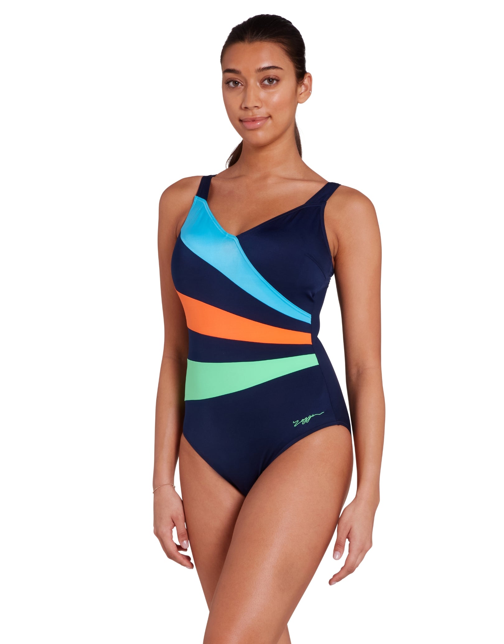 Elegance Wrap Panel Classicback Swimsuit - Blue, Orange, Green - Perfect for Beach, Pool & Summer Vacations