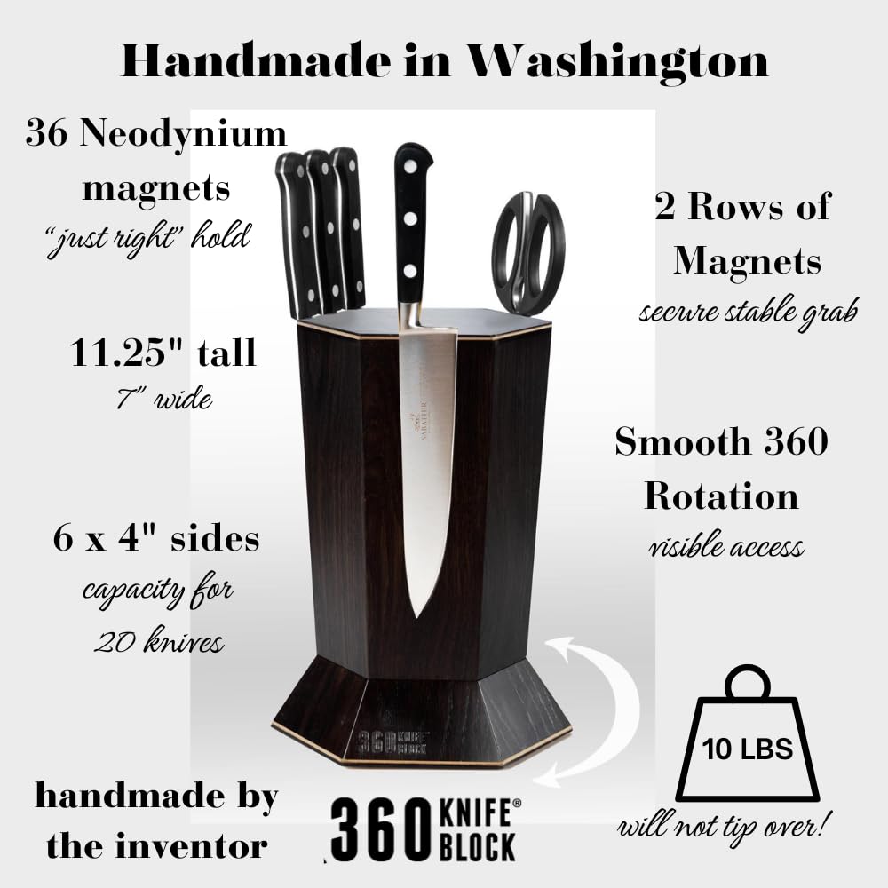 360° Rotating Magnetic Knife Block - Holds 12+ Knives - Handmade in USA - Perfect for Kitchen Organization & Countertop Storage (Black)