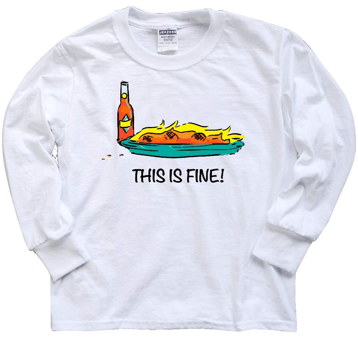 Inktastic 'This is Fine' Burning Hot Sauce Youth Long Sleeve T-Shirt | Funny Graphic Tee for Boys & Girls | Perfect for Casual Wear, School & Gifts