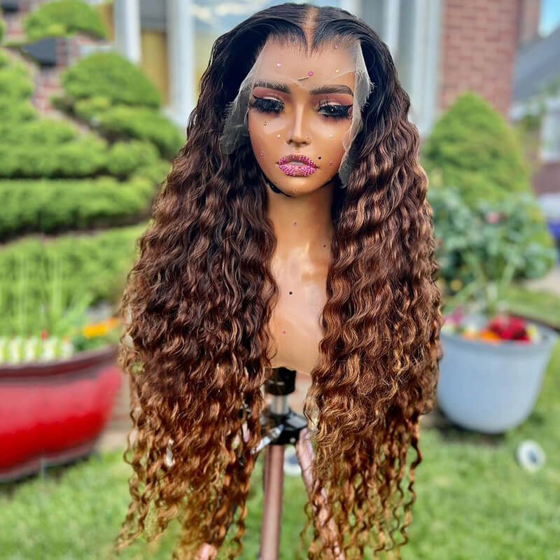 Eullair Ombre 1B/Brown Deep Curly Human Hair Wig with Transparent HD Lace Frontal - Natural Looking Wigs for Black Women | Perfect for Daily Wear, Parties & Special Occasions