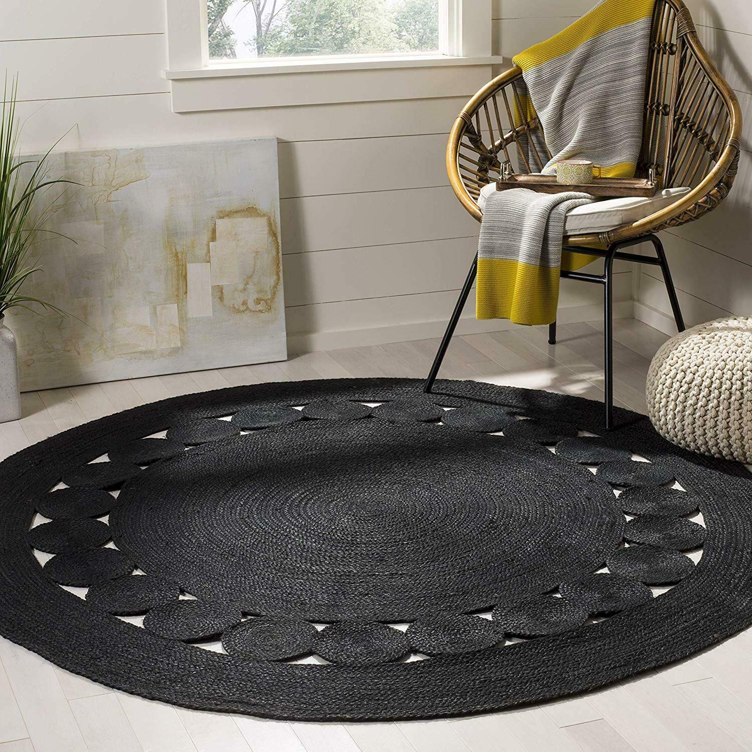 Premium Black Handmade Jute Round Area Rug - 96 x 96 Inch (8 Feet) Natural Fiber Floor Mat for Living Room, Bedroom, Dining Area & Home Decor | Eco-Friendly & Durable for High Traffic Spaces