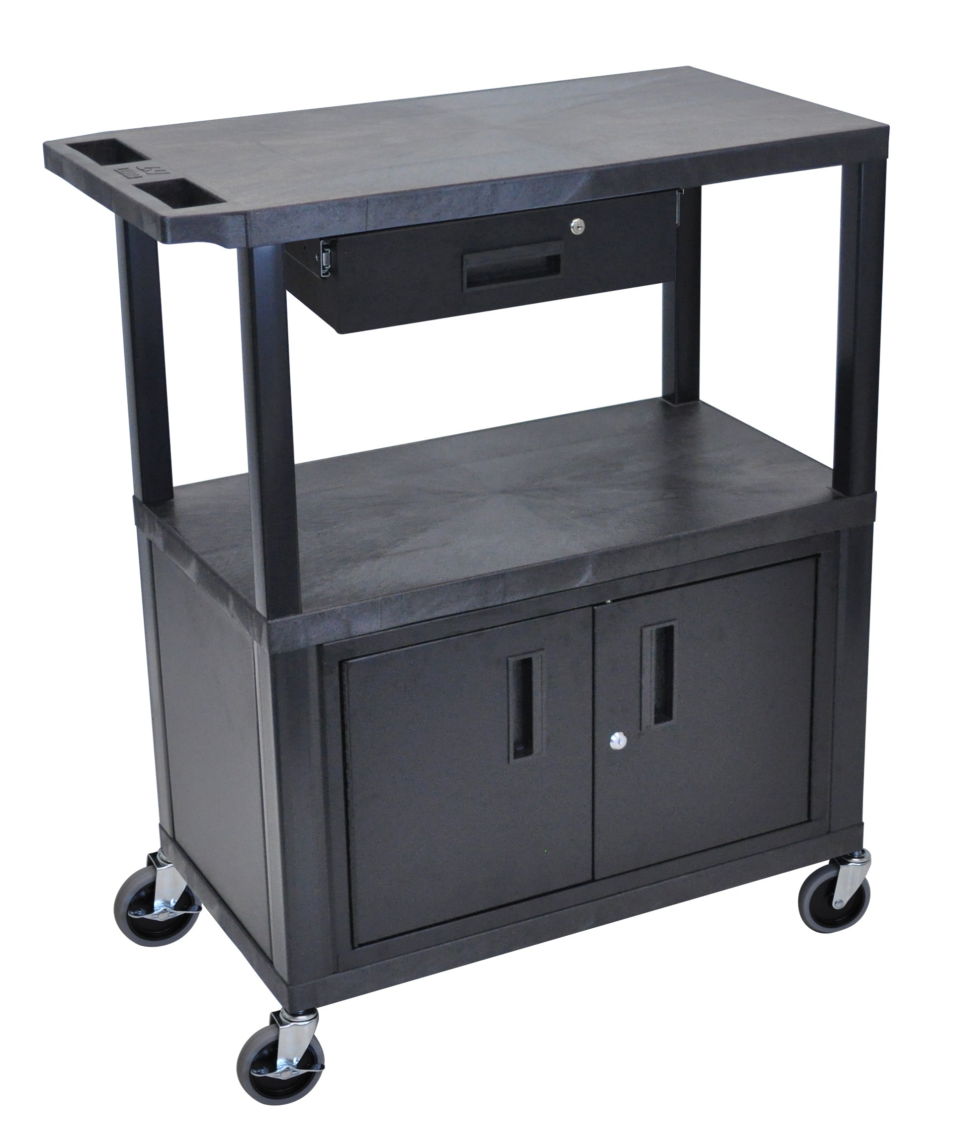 Luxor Black EC38CD B 18x32 Rolling Utility Cart with 3 Shelves, Storage Cabinet & Drawer - Perfect for Kitchen, Office, or Workshop Organization