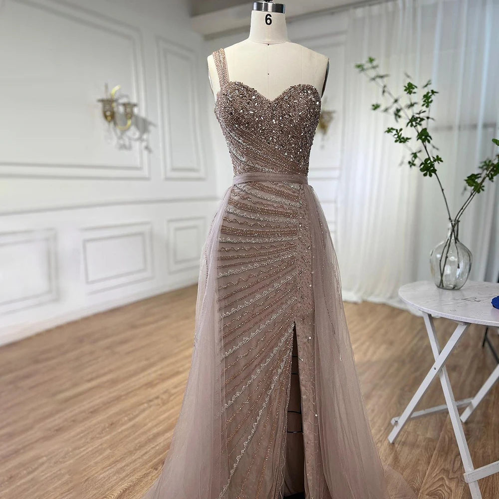 Elegant Blue One Shoulder Mermaid Evening Dress with Beaded Detail & Overskirt for Women - Perfect for Prom, Gala, and Formal Parties