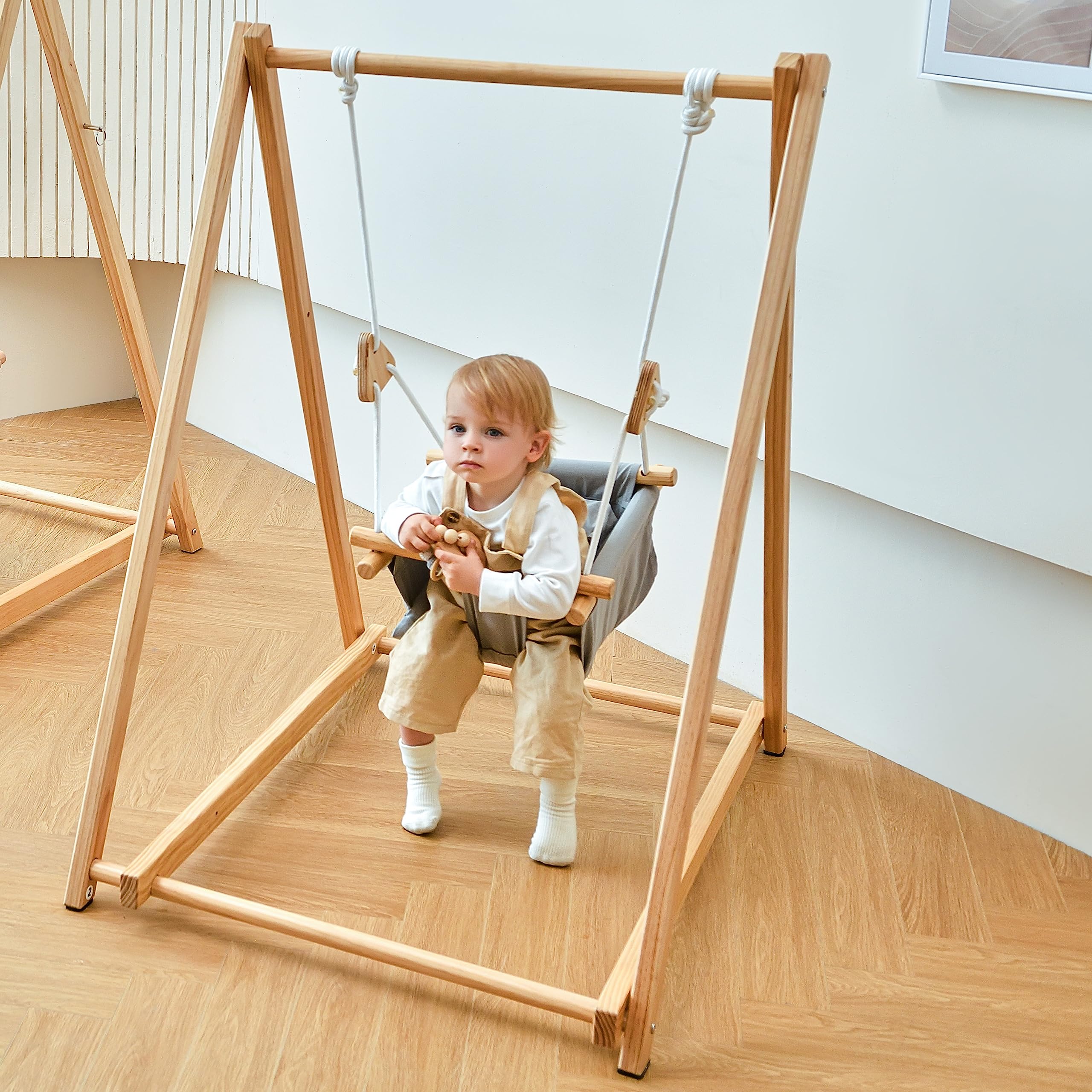 Avenlur Spruce Baby and Toddler Foldable Swing Set with Stand - Premium Montessori & Waldorf Style Indoor Swingset for Kids 6 Months to 3 Years - Safe & Sturdy for Home, Daycare, Preschool - Perfect for Playrooms, Backyards, and Sensory Development Activities