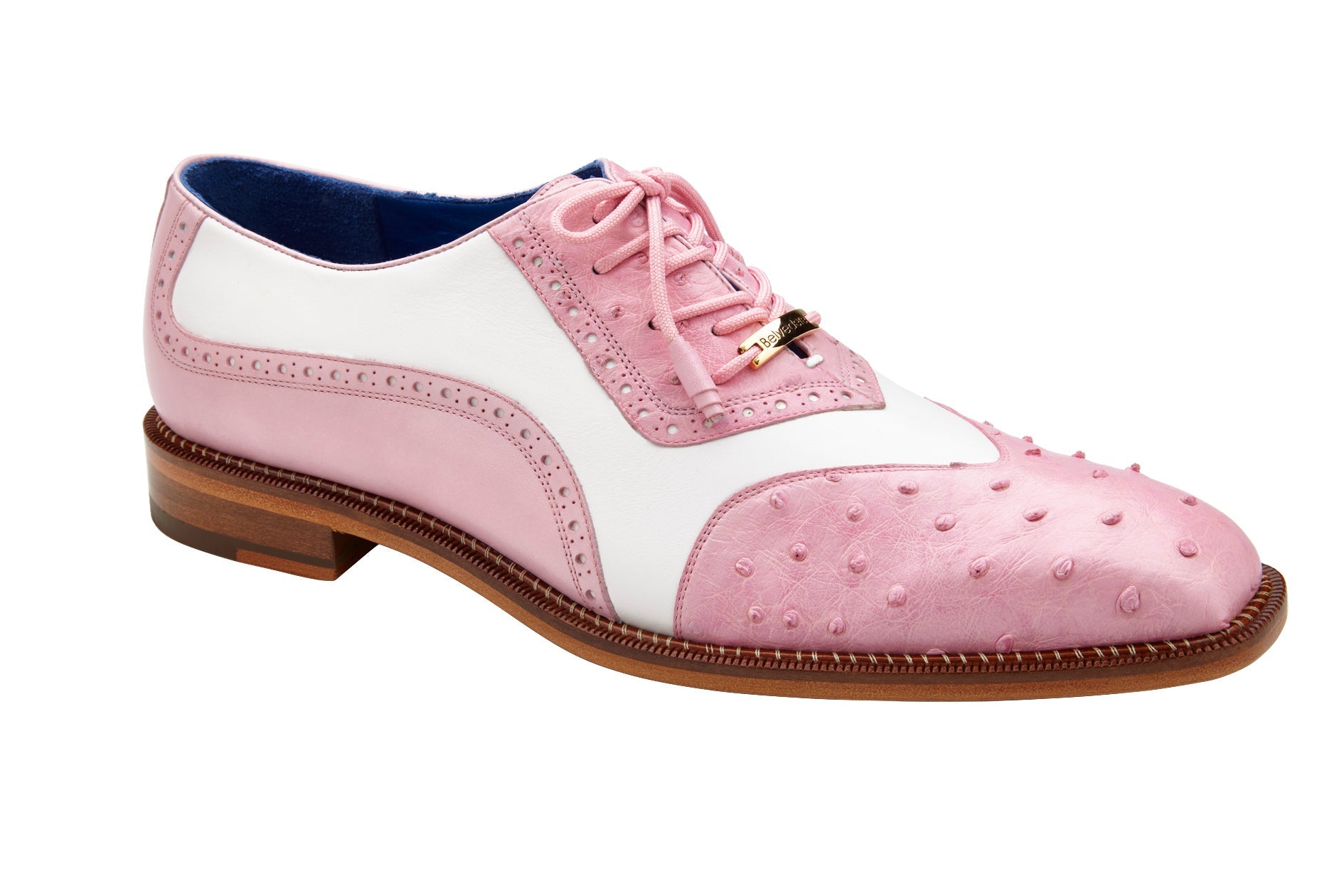 Belvedere Sesto Genuine Ostrich Quill & Italian Leather Wingtip Dress Shoes - Rose Pink/White Size R54 | Luxury Formal Shoes for Weddings, Business Meetings & Special Occasions