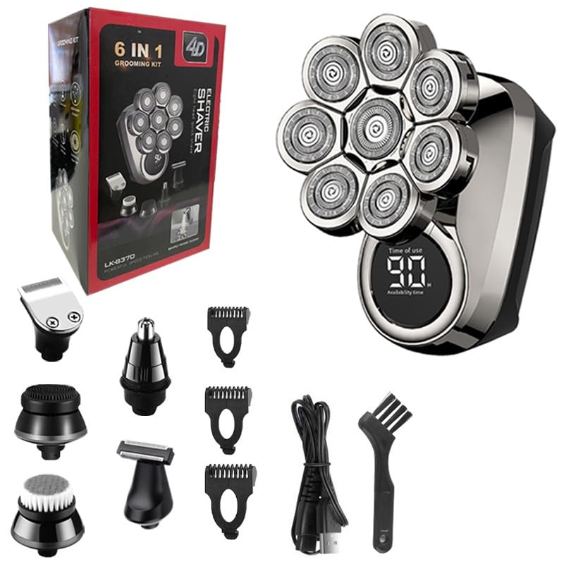 Men's 6-in-1 Waterproof Electric Head Shaver with LCD Display - Powerful Bald Shaving Machine & Beard Trimmer for Face & Body - Perfect for Travel, Gym & Daily Grooming