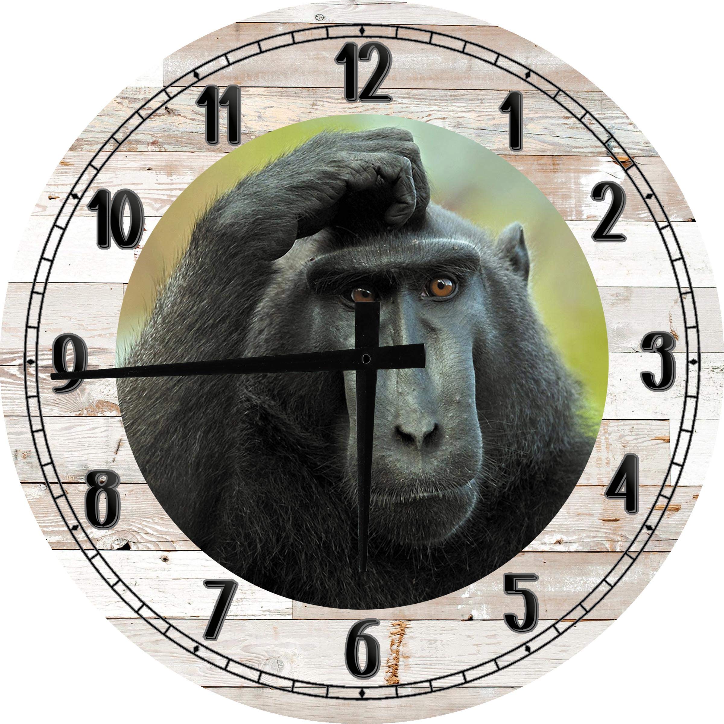 Black Monkey Scratching Head Wall Clock - 18 Inch Large Round Wooden Wall Art Decor for Living Room, Bedroom & Office | Unique Home & Gift Idea