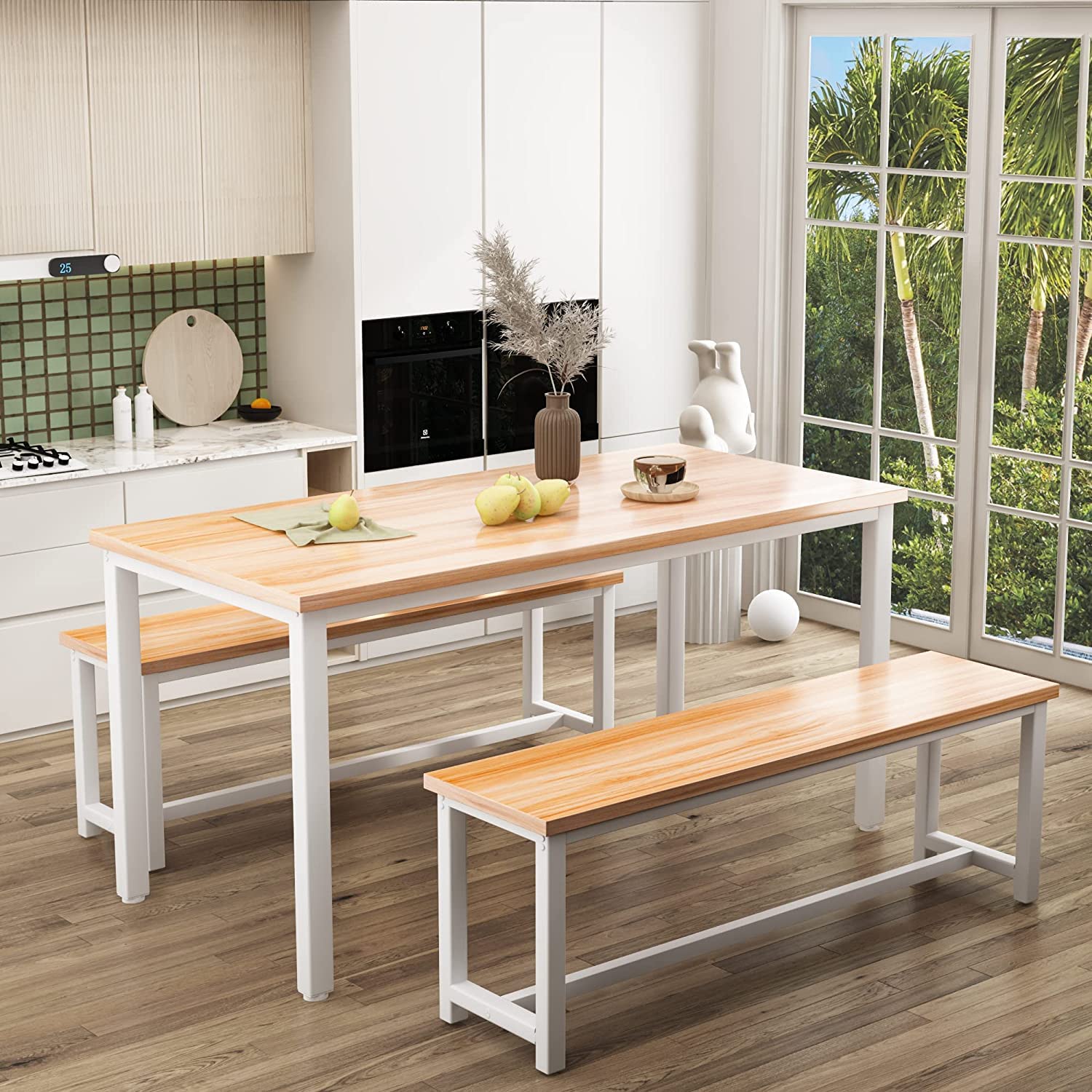 Farmhouse Dining Table Set with 2 Benches - Solid Wood Kitchen Table and Chairs for 4-6 People, Beige Breakfast Nook Set for Small Spaces | Perfect for Family Meals, Entertaining Guests & Cozy Kitchen Dining