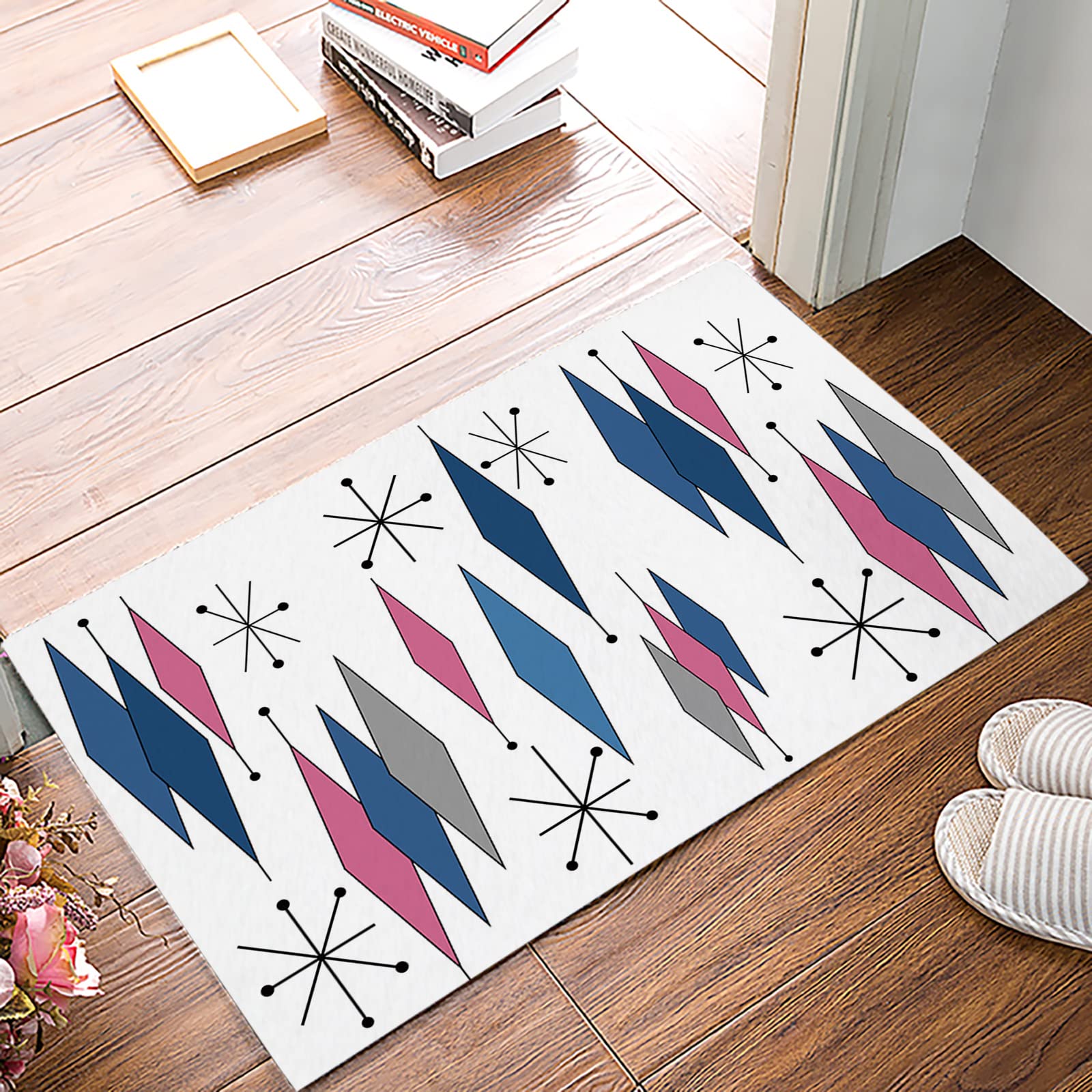 Modern Geometric Doormat - Non-Slip Durable Entrance Rug for Kitchen, Bathroom, Porch & Doorway - Blue, Pink & Gray Diamond Pattern - 20x32 Inch Absorbent Low Pile Floor Mat - Perfect for High Traffic Areas & Home Decor