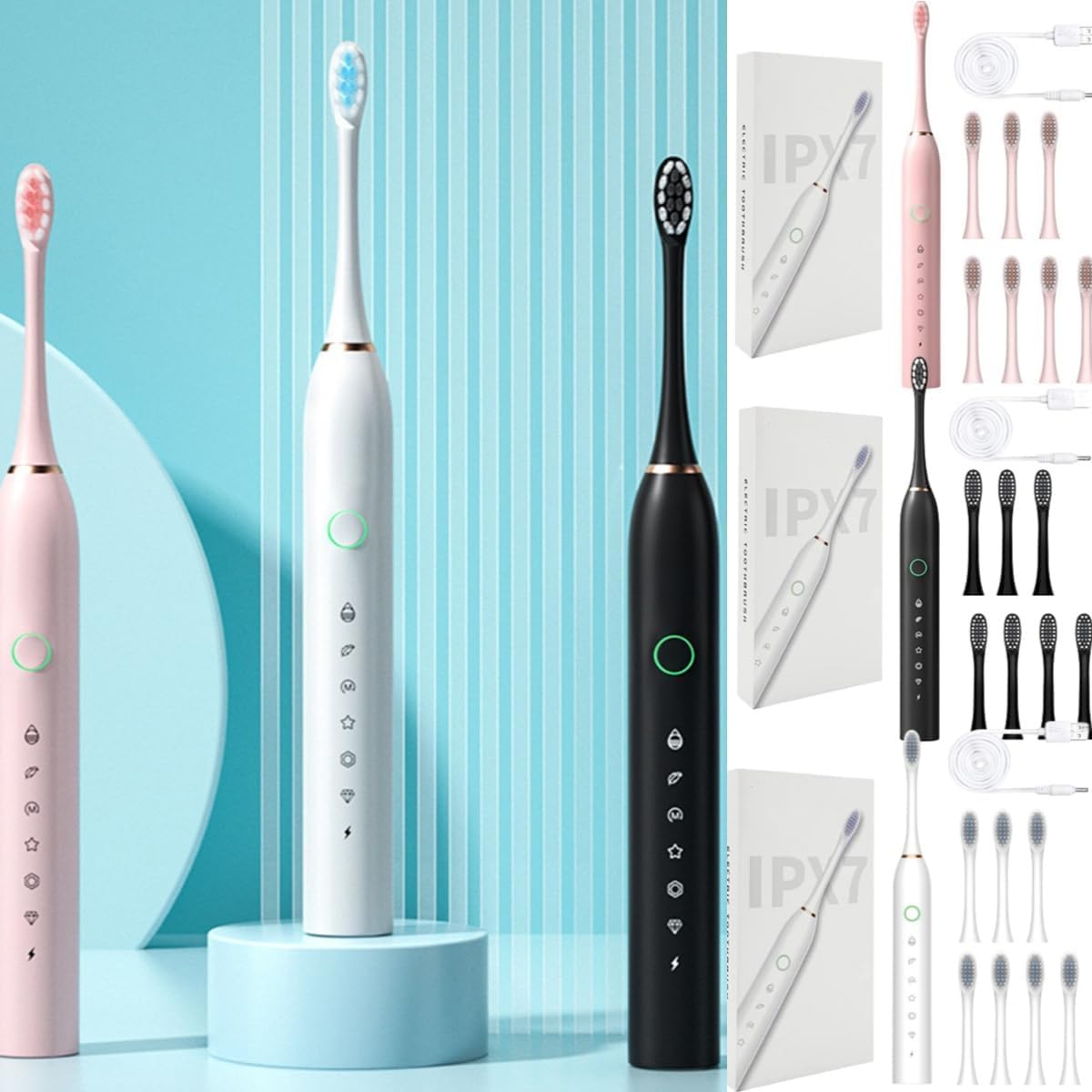 Electric Toothbrush with 8 Brush Heads - 5 Cleaning Modes, IPX7 Waterproof, Rechargeable & Travel-Friendly - 2 Minute Smart Timer - Perfect for Men, Women & Travel Gifts (Great for Home Use, Travel & Daily Oral Care)