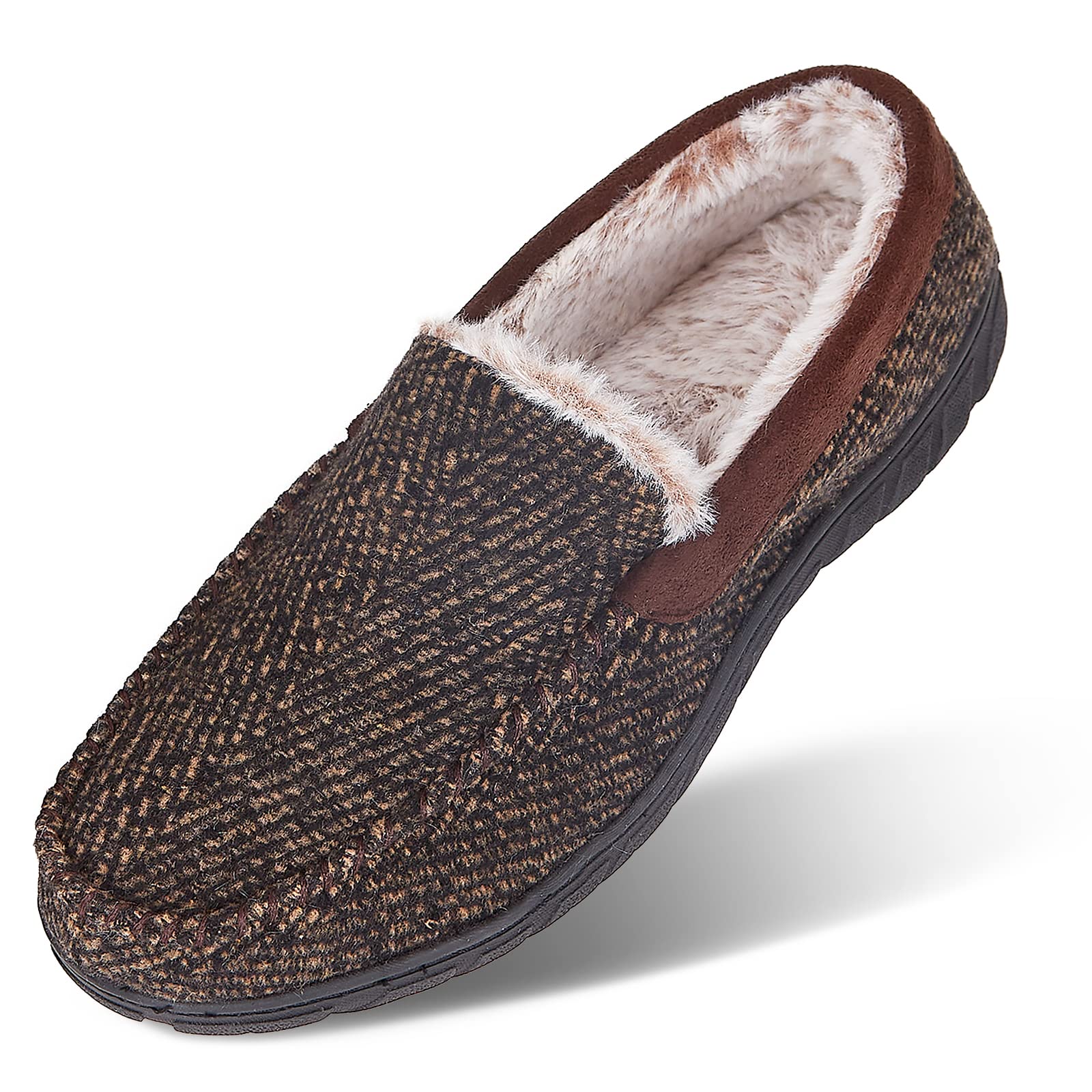 Furrylife Men's Memory Foam Moccasin Slippers - Soft Herringbone Loafers for Indoor & Outdoor Use - Comfortable Slip-On House Shoes for Relaxation, Lounging and Light Walking