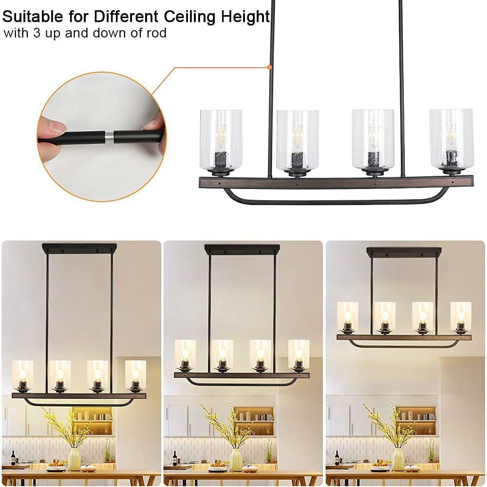 Depuley 4-Light Adjustable Kitchen Island Pendant Light Fixture - Rustic Metal & Wood Chandelier with Glass Shade - Perfect for Farmhouse, Dining Room, and Bar Lighting