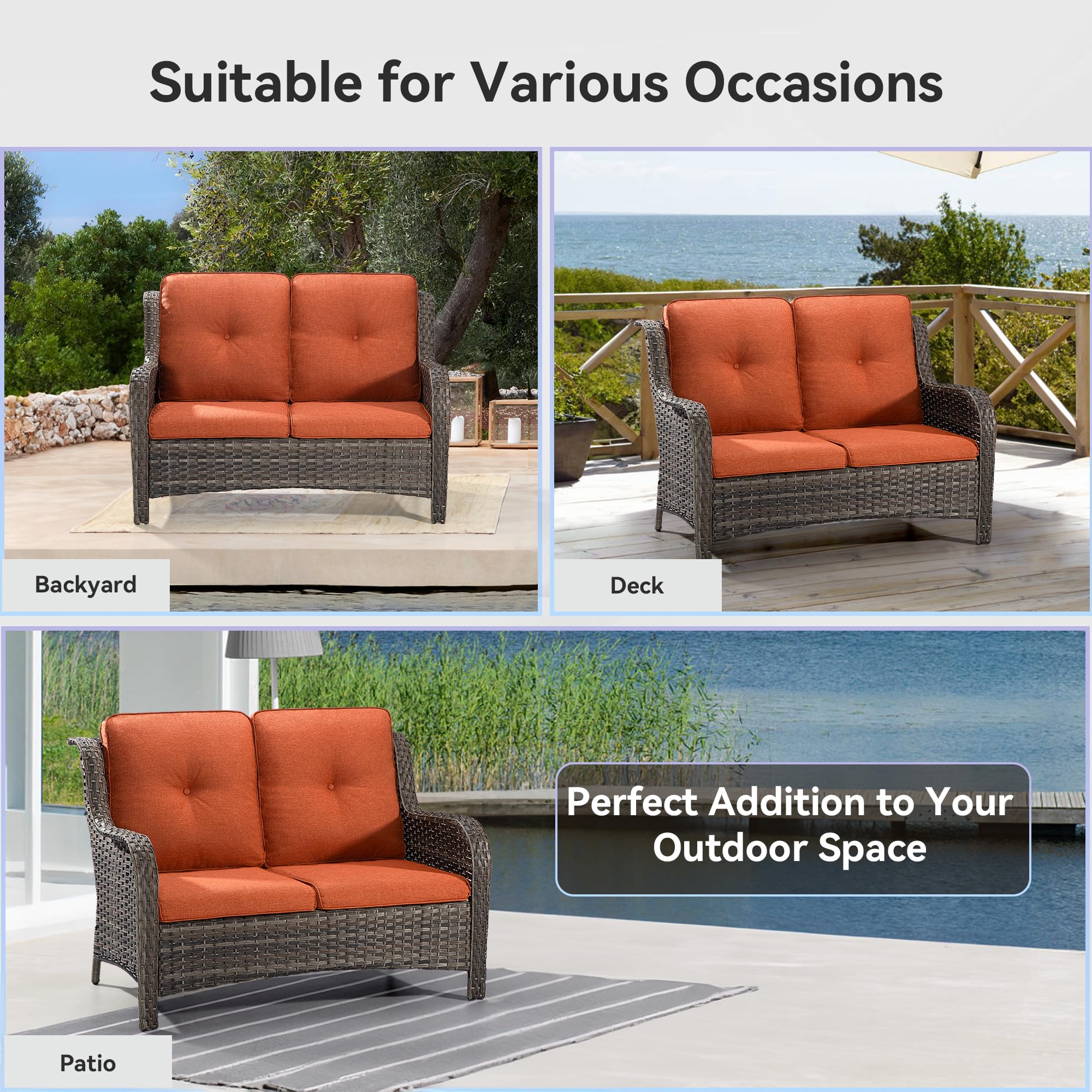 Joyside Outdoor Patio Wicker Loveseat Sofa - 2-Seater Rattan Sofa Set for Garden, Balcony & Backyard with Deep Seating & Weather-Resistant Olefin Cushions (Mixed Grey/Orange) - Perfect for Relaxing, Entertaining & Outdoor Lounging