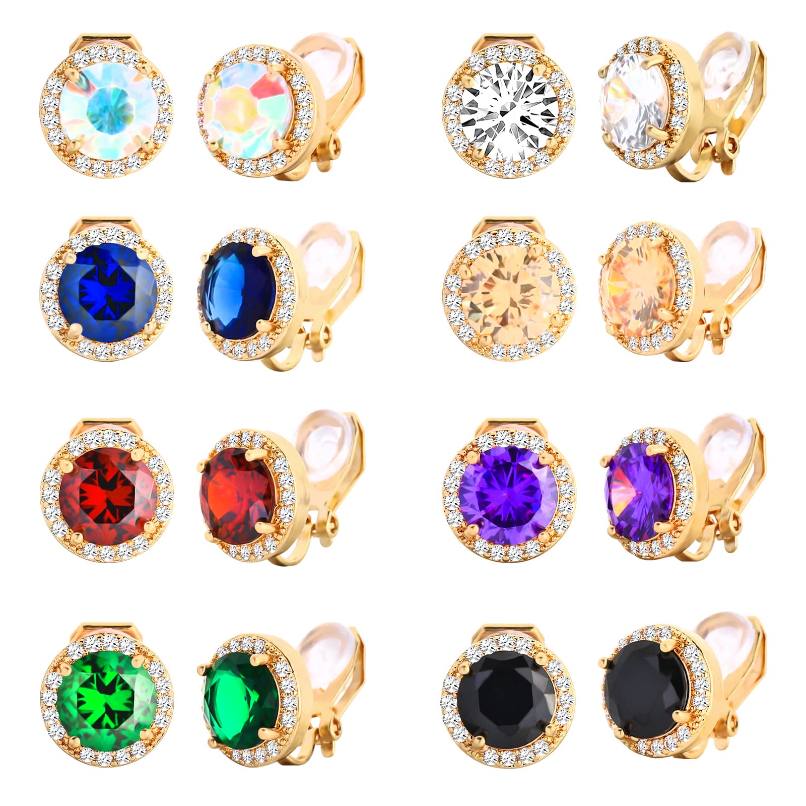 NEWITIN 8 Pairs Clip On Halo Earrings for Women - Crystal & Cubic Zirconia Stud Earrings - Non Piercing Fashion Jewelry for Wedding, Party & Special Occasions