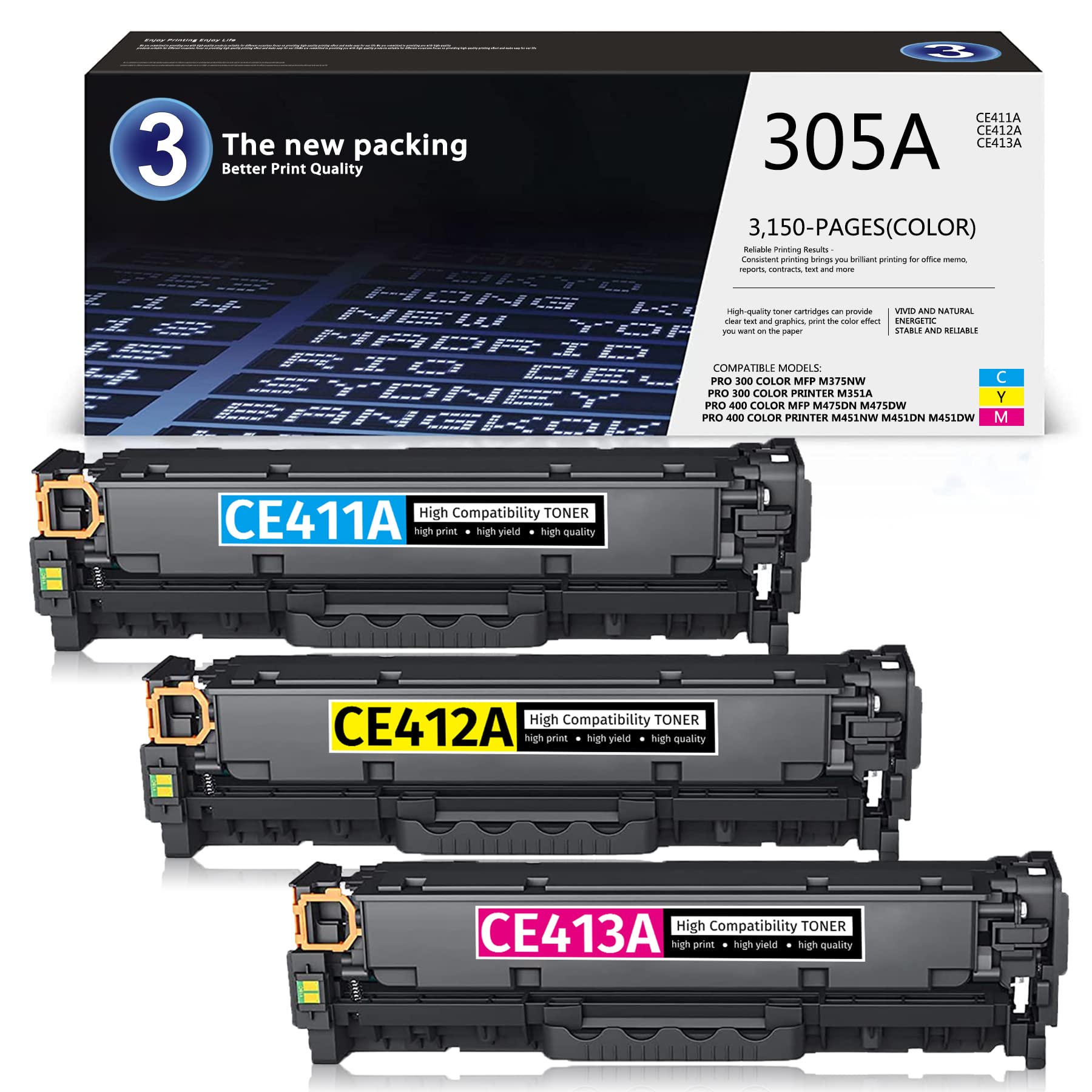 GULOYA 305A Toner Cartridge Replacement for HP 305A CE411A CE412A CE413A - Compatible with HP Pro 300 M351a M375nw & Pro 400 M451nw M451dn M451dw M475dn M475dw Printers (3 Pack, 1 Cyan + 1 Magenta + 1 Yellow) - High Yield Printing for Office & Home Use
