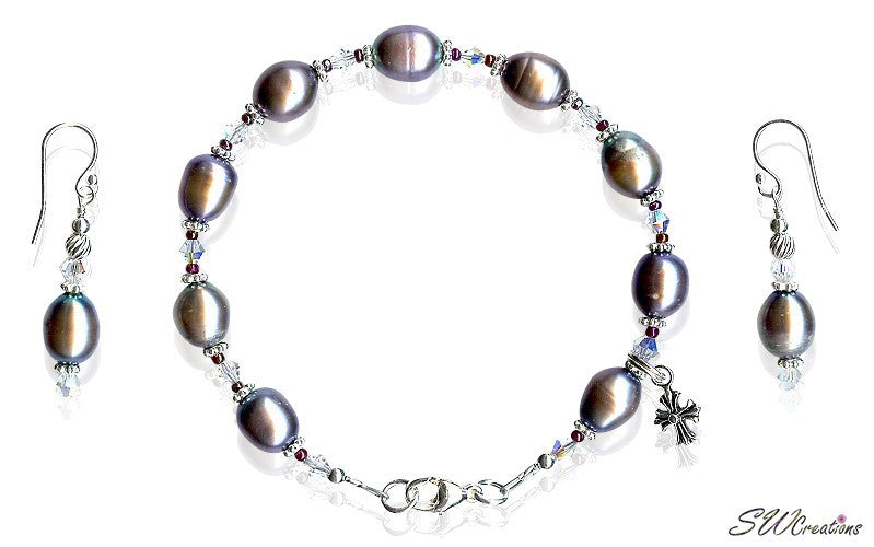 Peacock Pearl Crystal Ruby Cross Beaded Bracelet Set for Women - Elegant Religious Jewelry Gift for Christmas, Baptism, Wedding & Special Occasions