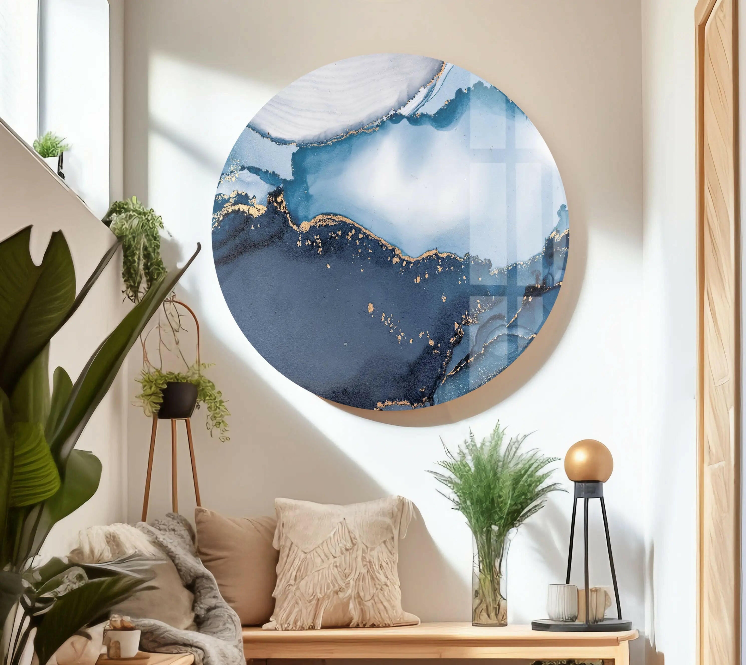 Blue Marble Ink Abstract Glass Wall Art - Modern Home Decor for Living Room, Bedroom & Office - Unique Handmade Glass Painting for Interior Design