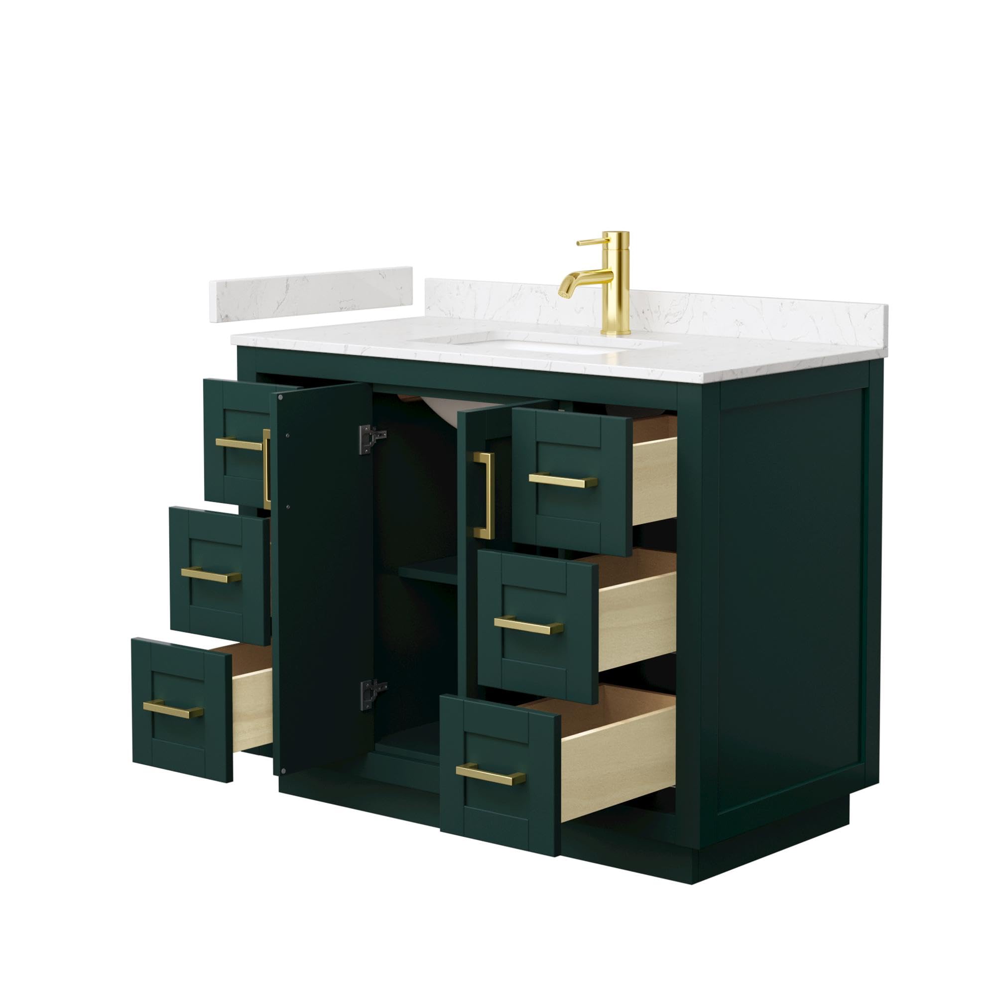 Wyndham Collection Miranda 42 Inch Single Bathroom Vanity in Green with Light-Vein Carrara Cultured Marble Countertop, Undermount Square Sink & Brushed Gold Trim – Perfect for Modern Bathroom Renovations and Small Space Solutions