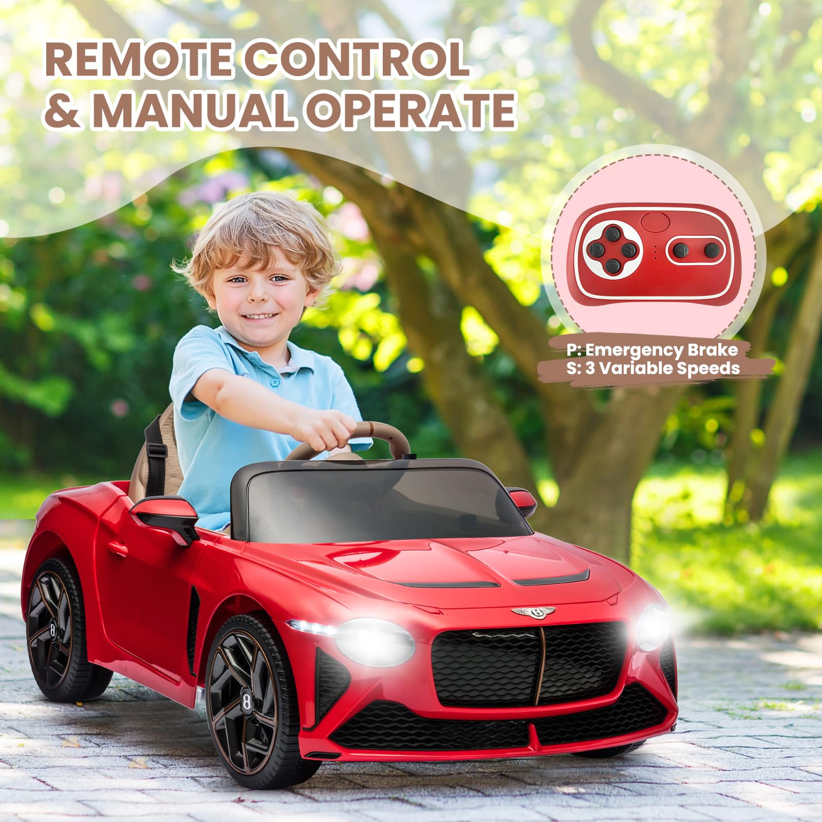 Hetoy 12V Kids Ride On Car - Licensed Bentley Bacalar Electric Vehicle with Parent Remote Control, Scissor Doors, 3 Speed Modes, LED Lights & Music - Red Battery Powered Toy Car for Boys & Girls - Perfect for Birthday Gifts, Outdoor Play & Backyard Fun