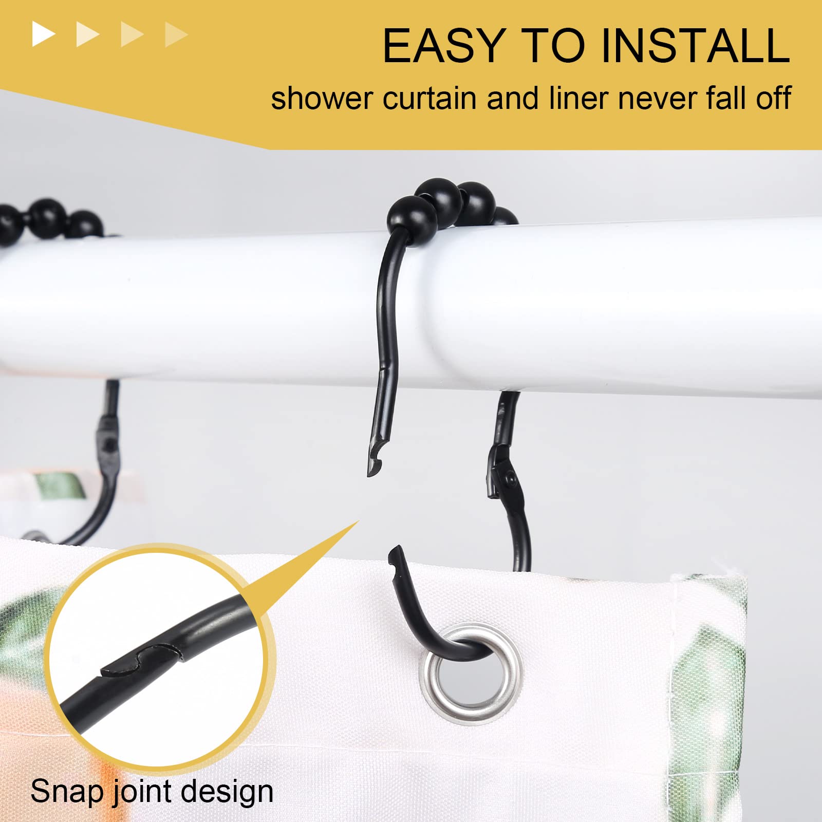 SUTINE 12PCS Stainless Steel Shower Curtain Hooks with Snap Closure - Rustproof Matte Black Roller Glide Rings for Bathroom, Shower Rod & Curtain - Perfect for Home, Hotel, and Apartment Bathroom Decor