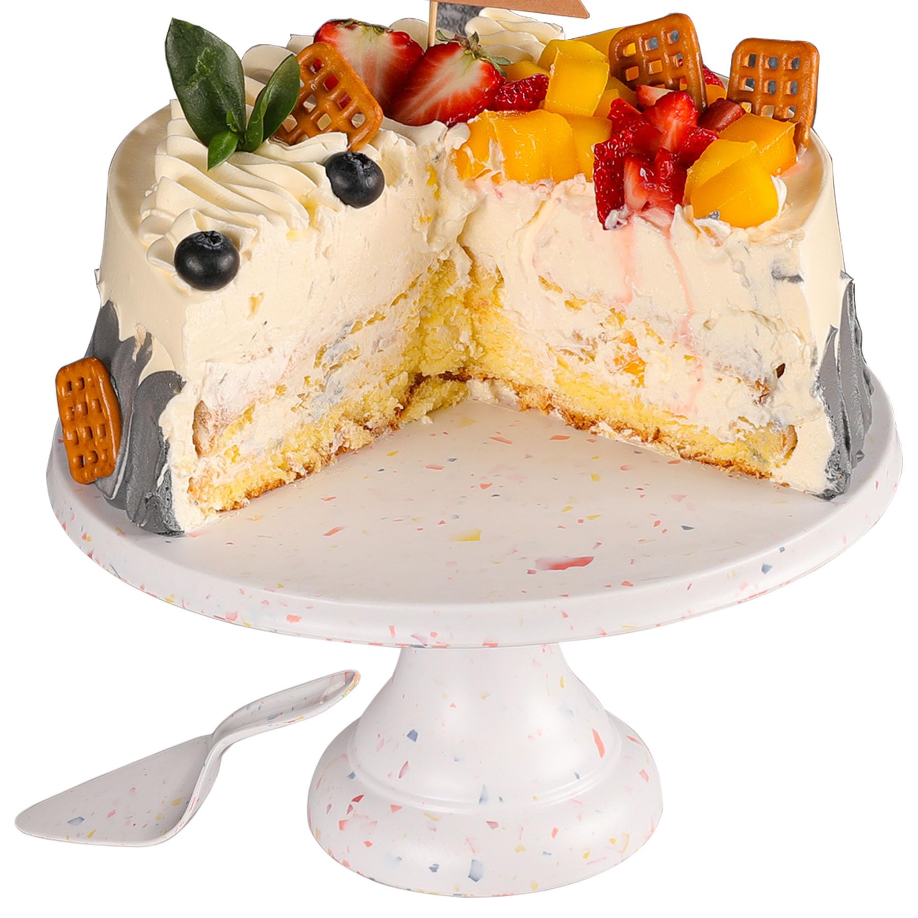 9.84 Inch Round Marble Cake Stand with Spatula - Bamboo Fiber Dessert Display Plate for Cupcakes, Cookies, Candies - Perfect for Birthday Parties, Weddings, Baby Showers & Events - Elegant Serving Tray for Home, Bakery & Catering Services