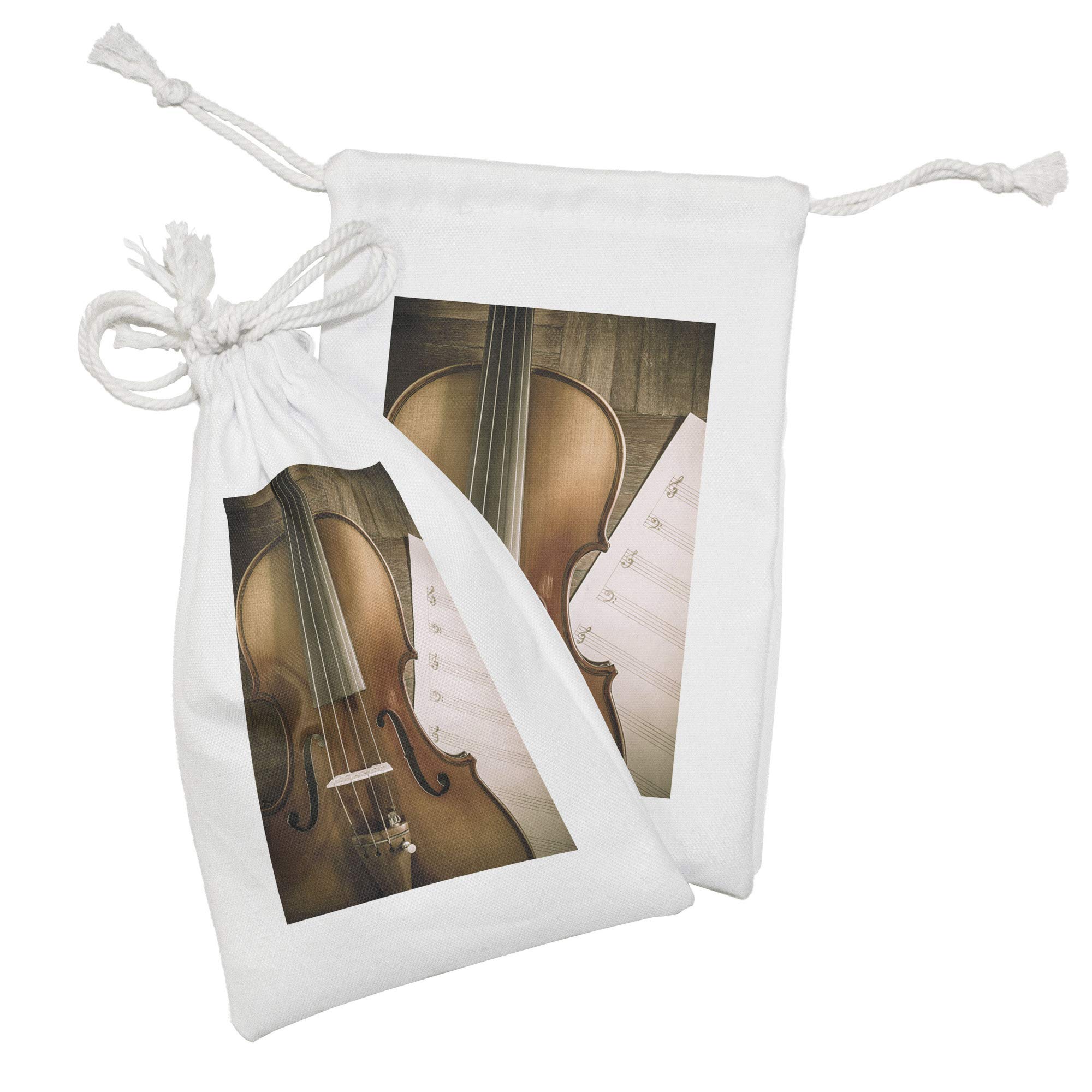 Ambesonne 2-Pack Violin Fabric Drawstring Pouches - Classical Music Themed Instrument & Sheet Music Design - 9