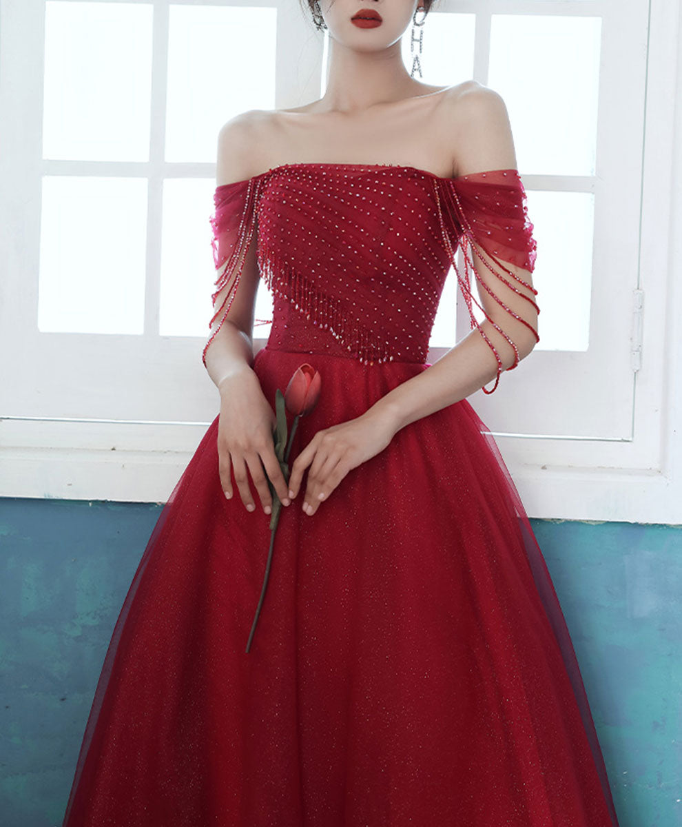 Elegant Burgundy Tulle Off-Shoulder Long Prom Dress with Beading - Perfect for Graduation, Homecoming & Formal Events