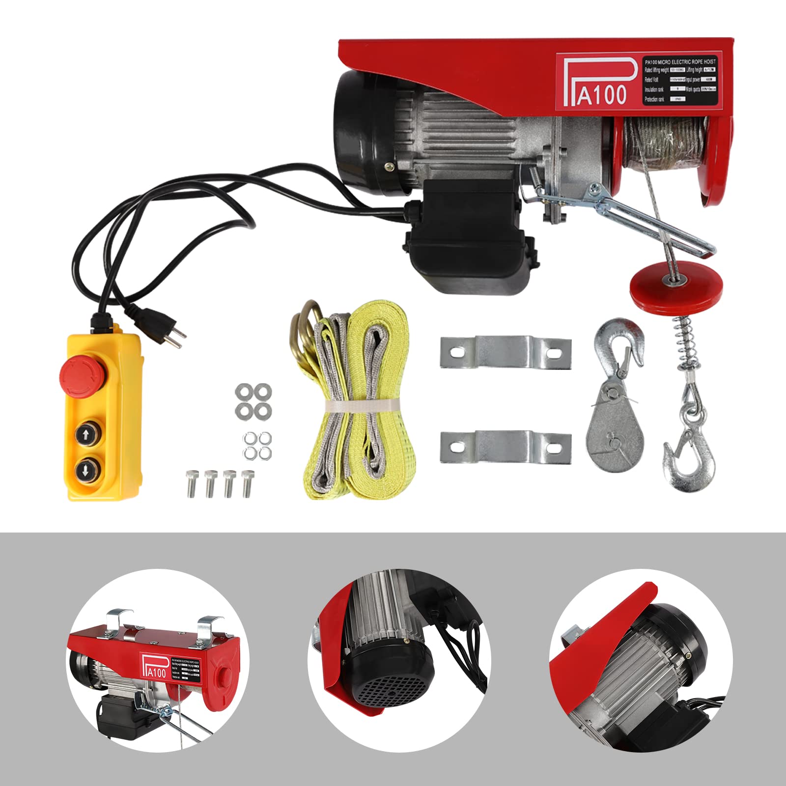 110V 220lbs Electric Hoist Winch with Remote Control & Double Slings - Heavy Duty Lifting Equipment for Factory, Warehouse, Construction & Mining Operations | Perfect for Overhead Lifting, Material Handling & Industrial Applications