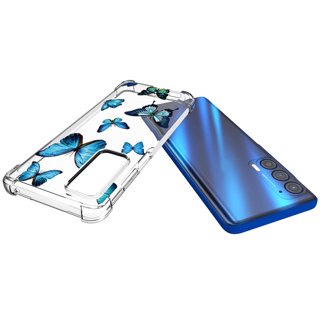 Shockproof Clear TPU Phone Case for Moto Edge 2021/5G UW/G Power 2022 - Cute Blue Butterfly Pattern Slim Protective Cover | Durable Soft Rubber Back for Motorola Edge 2021 - Perfect for Daily Use, Work & Travel Protection