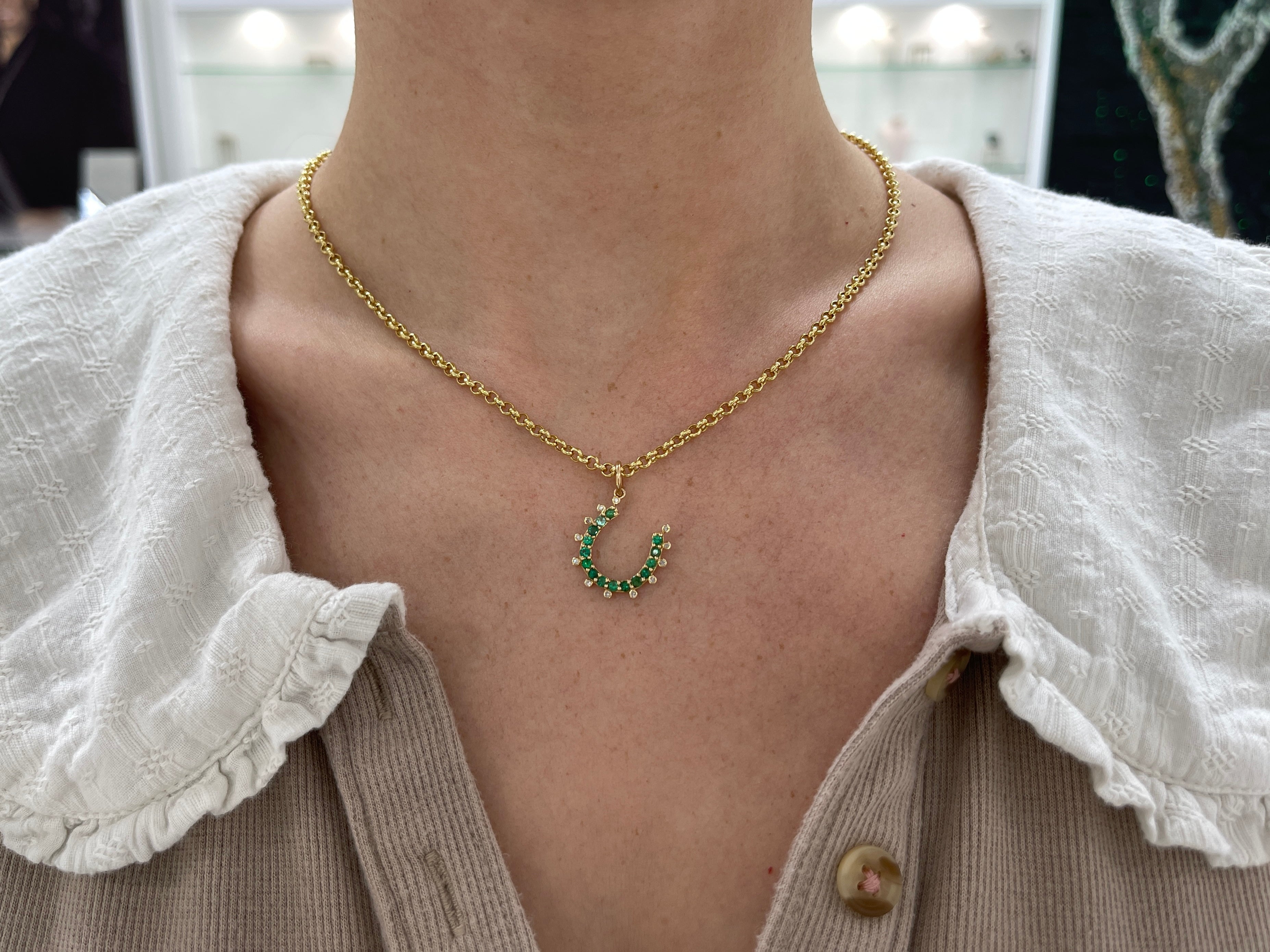0.98tcw 14K Gold Emerald & Diamond Horseshoe Pendant Necklace for Women - Elegant Lucky Charm Jewelry Gift for Birthday, Anniversary & Special Occasions
