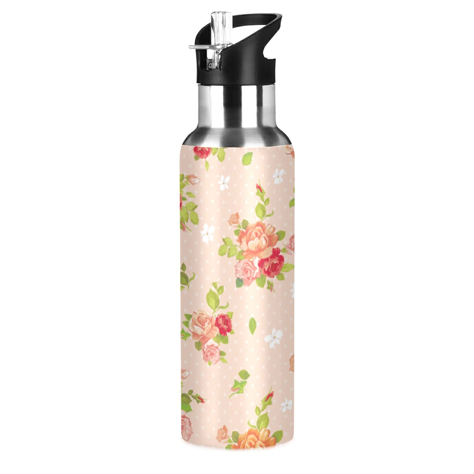 ALAZA 20oz Insulated Water Bottle with Straw - BPA-Free, Leak-Proof, Rose Vintage Design for Sports, Gym, Hiking & Outdoor Activities