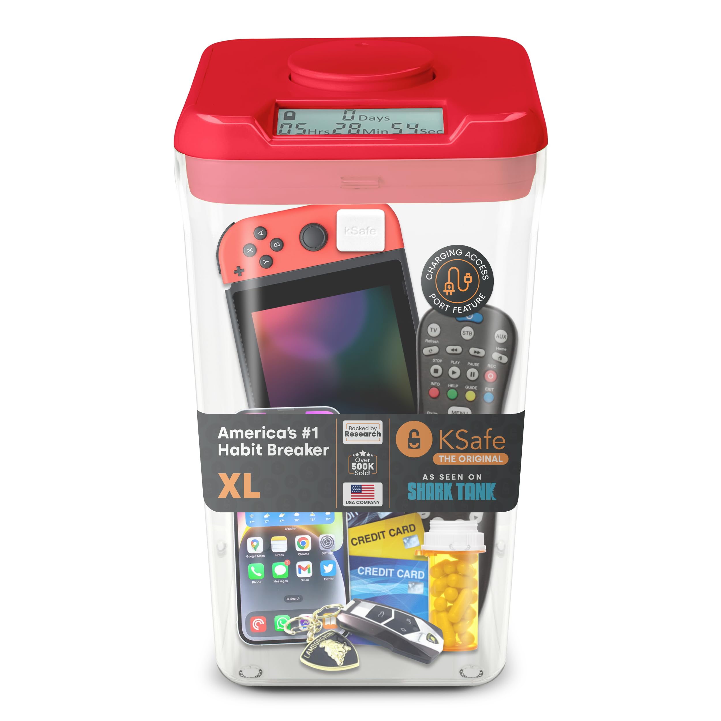 KSafe XL Timed Lock Box for Cell Phones & Snacks - Kitchen Safe Phone Lockbox with Timer, Food Time Locking Container for Habit Formation (Red Lid + 12.3” Clear Base with Access Port) - Perfect for Digital Detox, Diet Control, and Focus Improvement at Home/Office