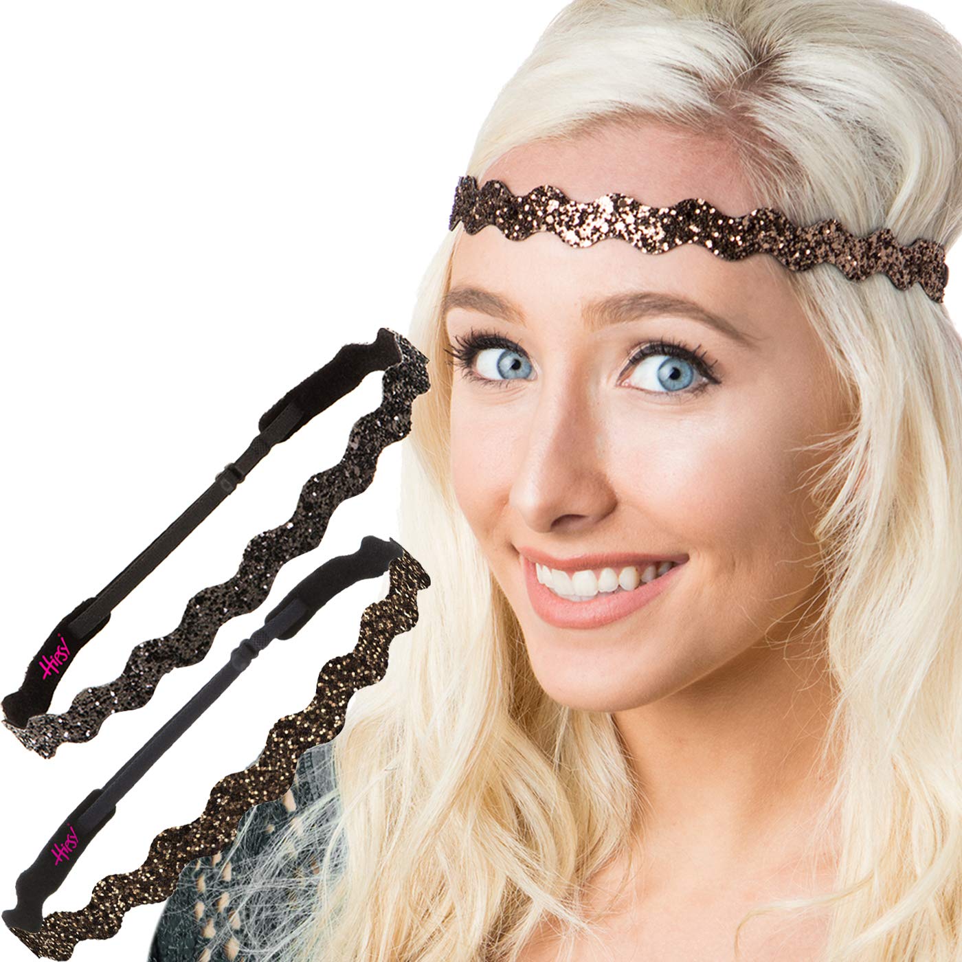 Sparkly Bling Glitter Wave Headbands 2-Pack - Adjustable No Slip Hair Accessories for Women, Girls & Teens (Black & Brown) | Perfect for Sports, Workouts, School & Everyday Fashion