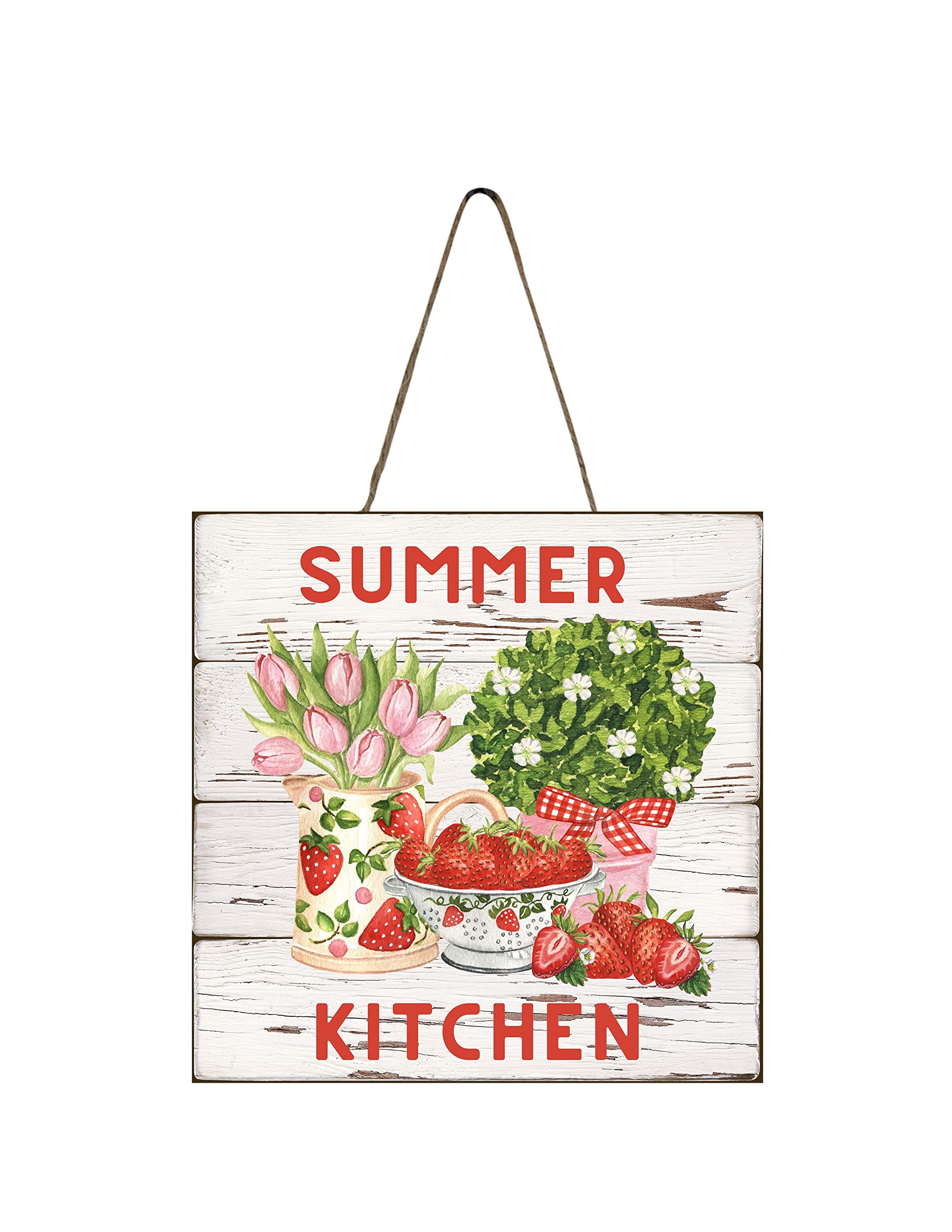 5x5 Inch Summer Kitchen Strawberries Wooden Mini Sign - Rustic Farmhouse Decor for Kitchen, Dining Room, or Outdoor Party