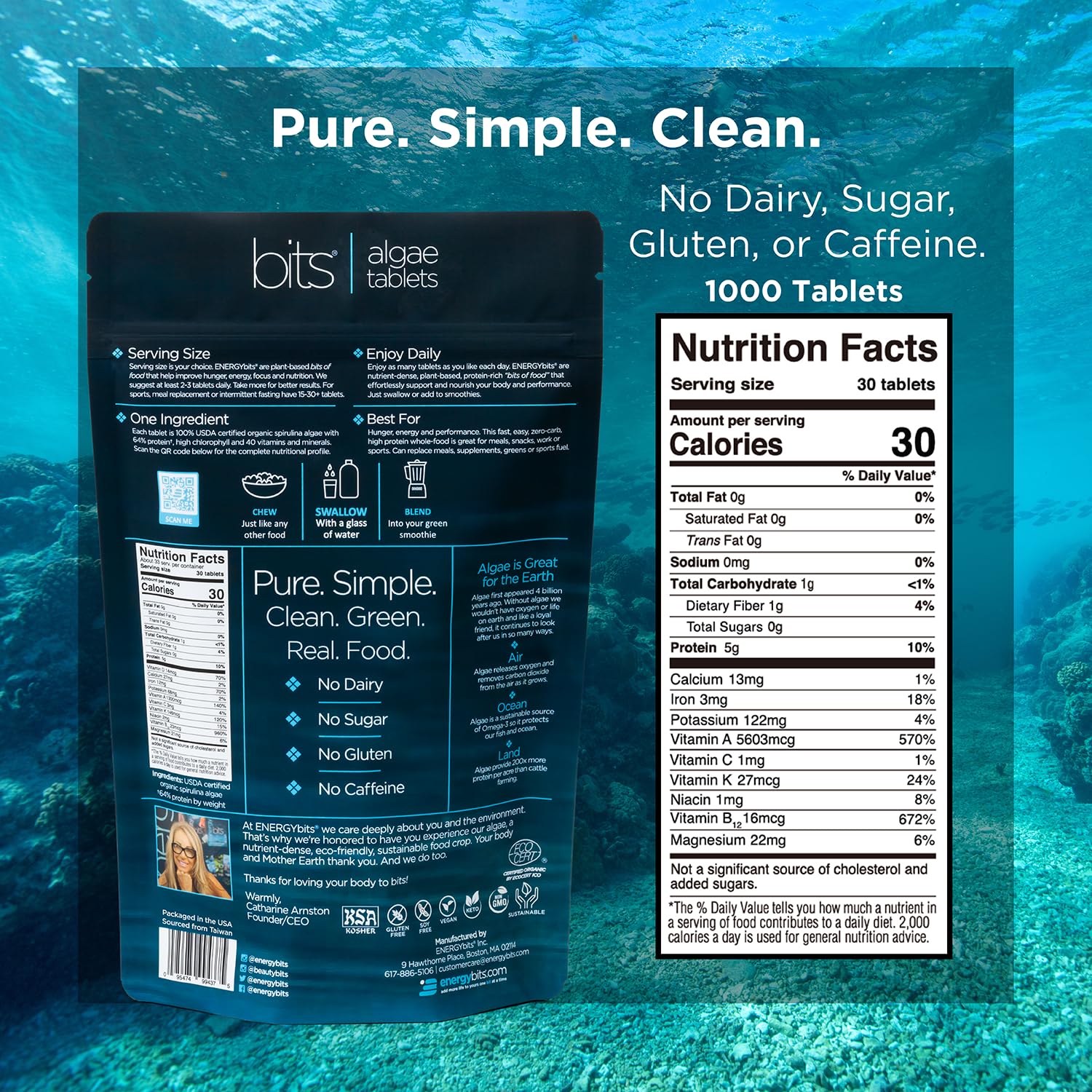 ENERGYBITS Organic Spirulina Tablets | Plant-Based Algae Superfood for Focus, Energy & Fitness | Vegan Protein with Collagen, Vitamin B12 & Omega-3 | Gluten-Free, Keto-Friendly | 1000 Tablets for Athletes, Busy Professionals & Health Enthusiasts