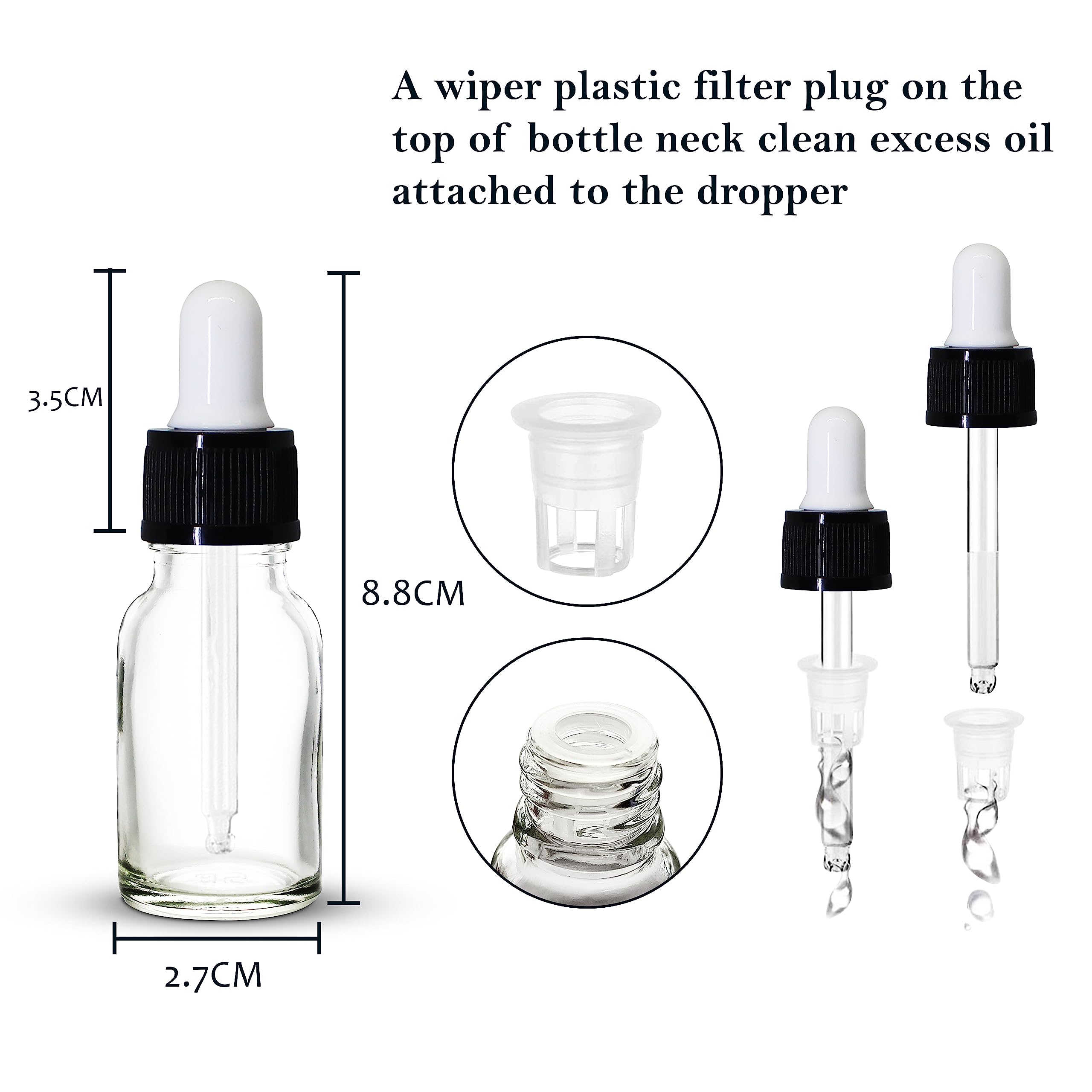 NSB Herbals 15ml Clear Round Empty Glass Bottle with Dropper & Black Ring - White Silicone Teat for Essential Oils, Perfumes, DIY Beauty (Pack of 3) | Refillable Travel-Size Container for Aromatherapy & Skincare