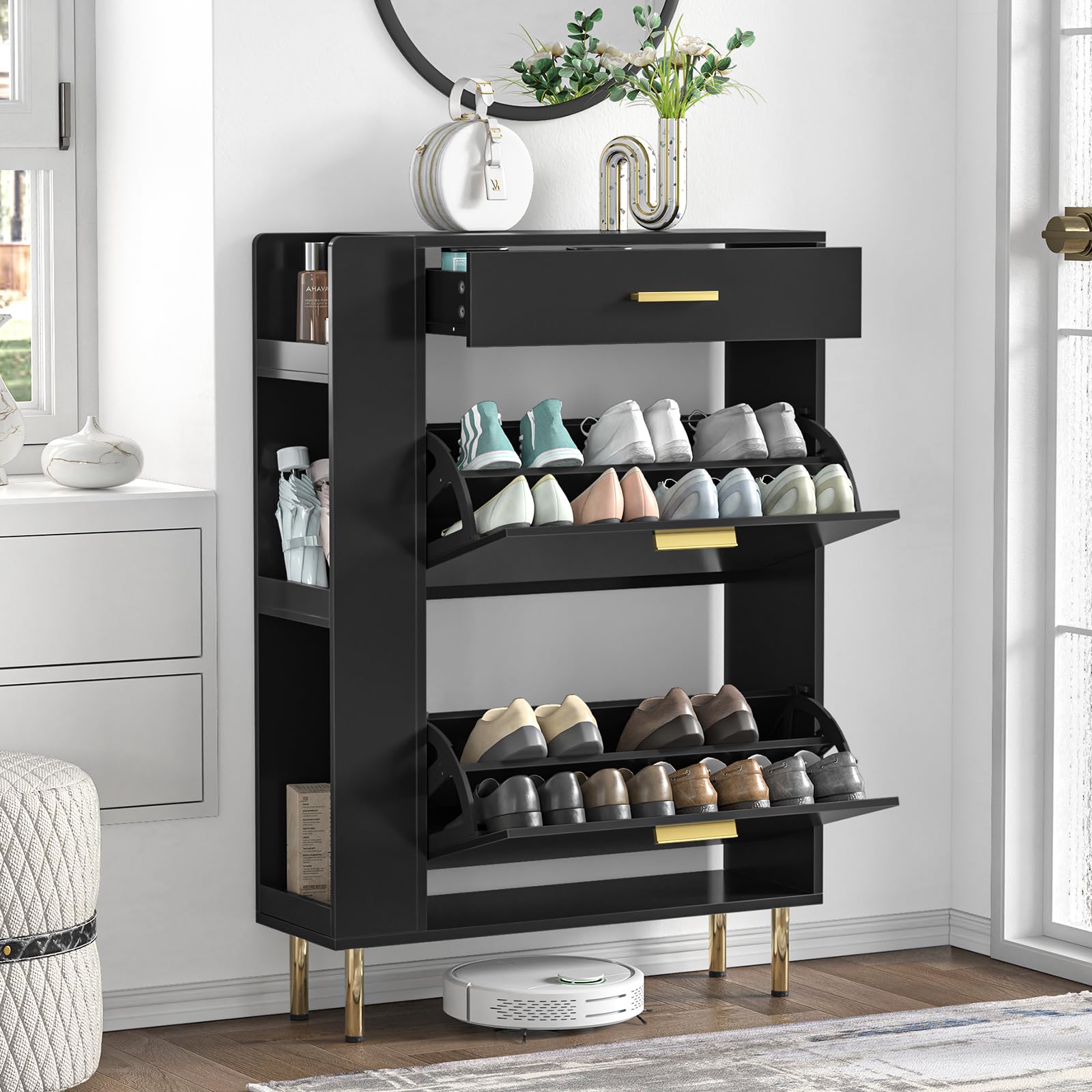 Anmytek Modern Black Shoe Cabinet with 2 Flip Drawers - Freestanding Shoe Storage Organizer for Entryway, Hallway, Bedroom & Closet - Space Saving Narrow Shoe Rack with Storage Drawers for Shoes, Boots & Accessories