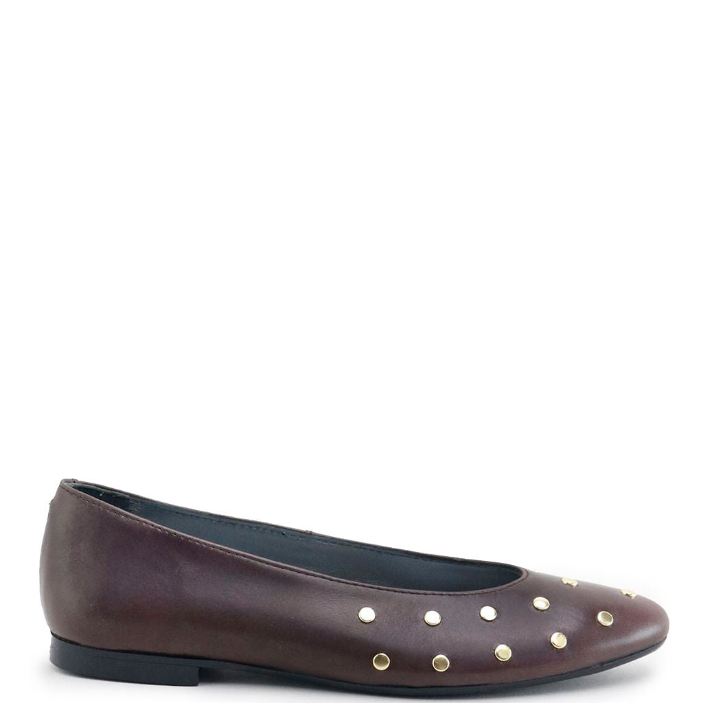 Papanatas Dark Brown Studded V Flat Shoes - Stylish & Comfortable Women's Loafers for Casual Wear, Office & Everyday Outfits