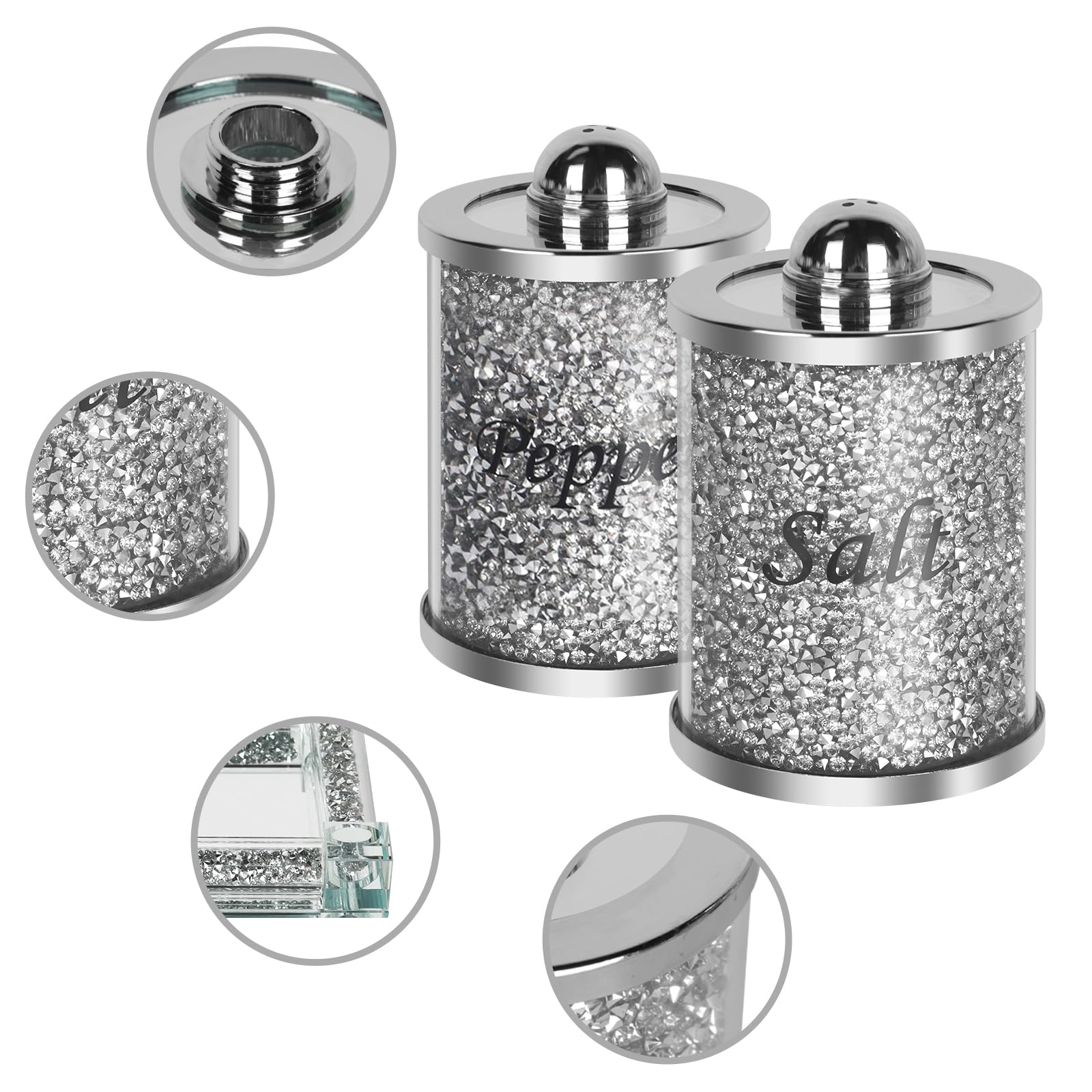 Sparkling Crystal Salt and Pepper Shakers Set with Elegant Tray - Diamond-Cut Luxury Kitchen Decor for Countertop - Perfect for Dining Table, Wedding Gifts & Home Entertaining - Silver Finish