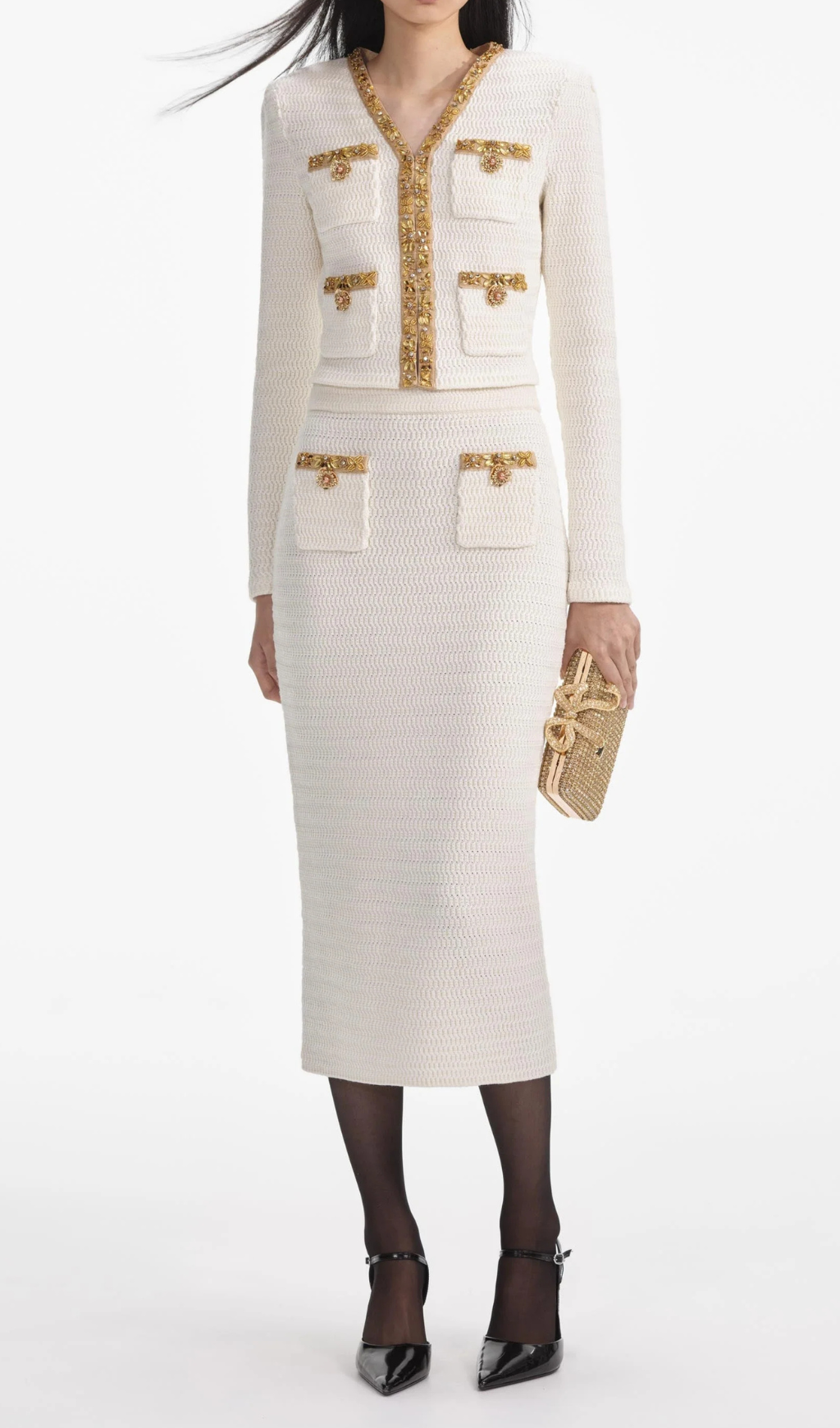 Stylish Cream Lurex Knit Midi Skirt for Women - Elegant Party & Evening Wear - Perfect for Holiday Events, Date Nights & Special Occasions