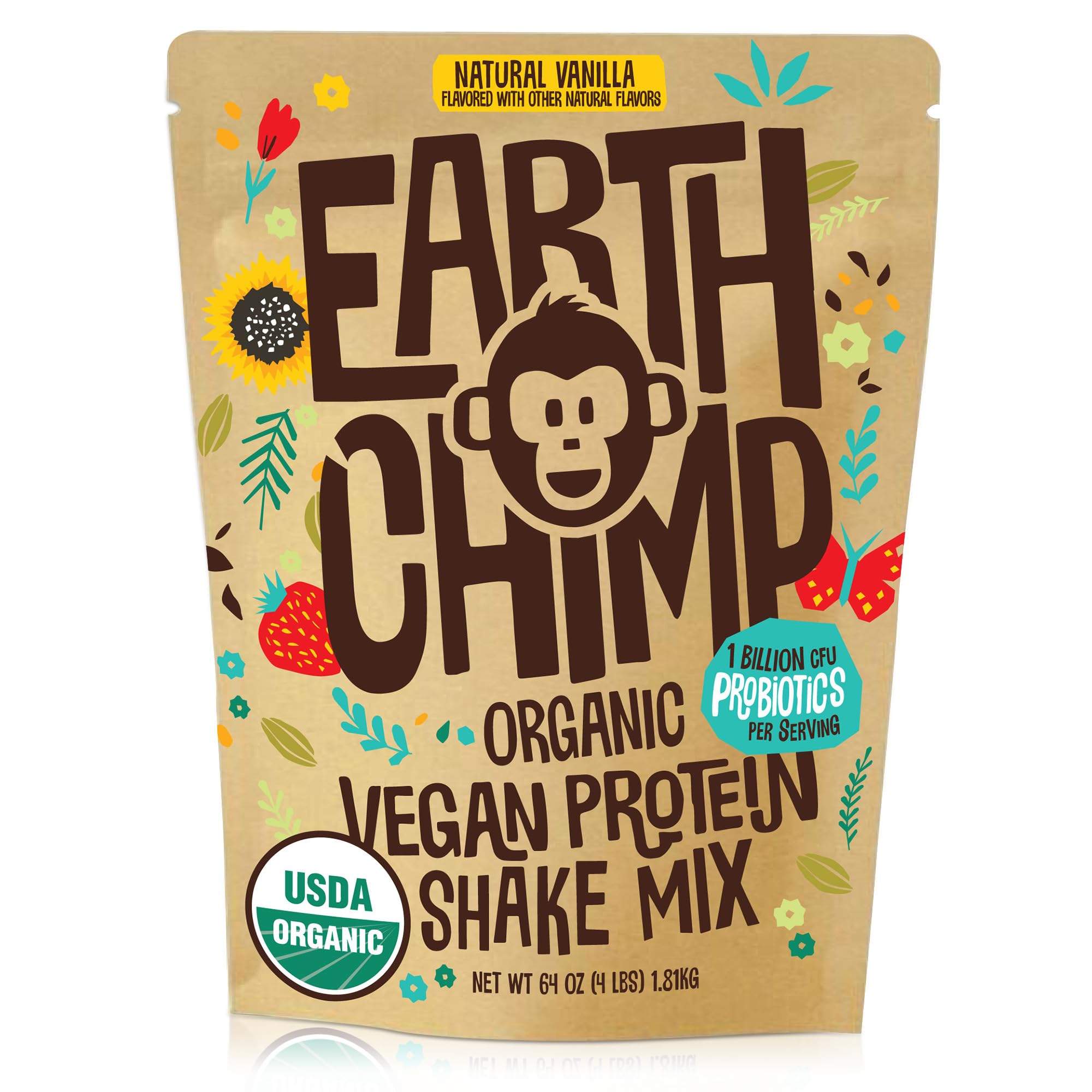 EarthChimp Organic Vegan Protein Powder with Probiotics - Non-GMO, Dairy-Free, Plant-Based Protein for Women & Men - Gluten-Free, 52 Servings (64oz, Vanilla) - Perfect for Post-Workout Recovery & Healthy Smoothies