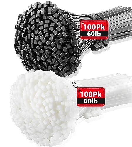 Heavy Duty 12 Inch Zip Ties 200 Pack Black & White - 50lb Strength Cable Ties for Outdoor Use, Wire Management, Bundling, and DIY Projects - Plastic Tie Wraps for Home, Office, and Industrial Organization