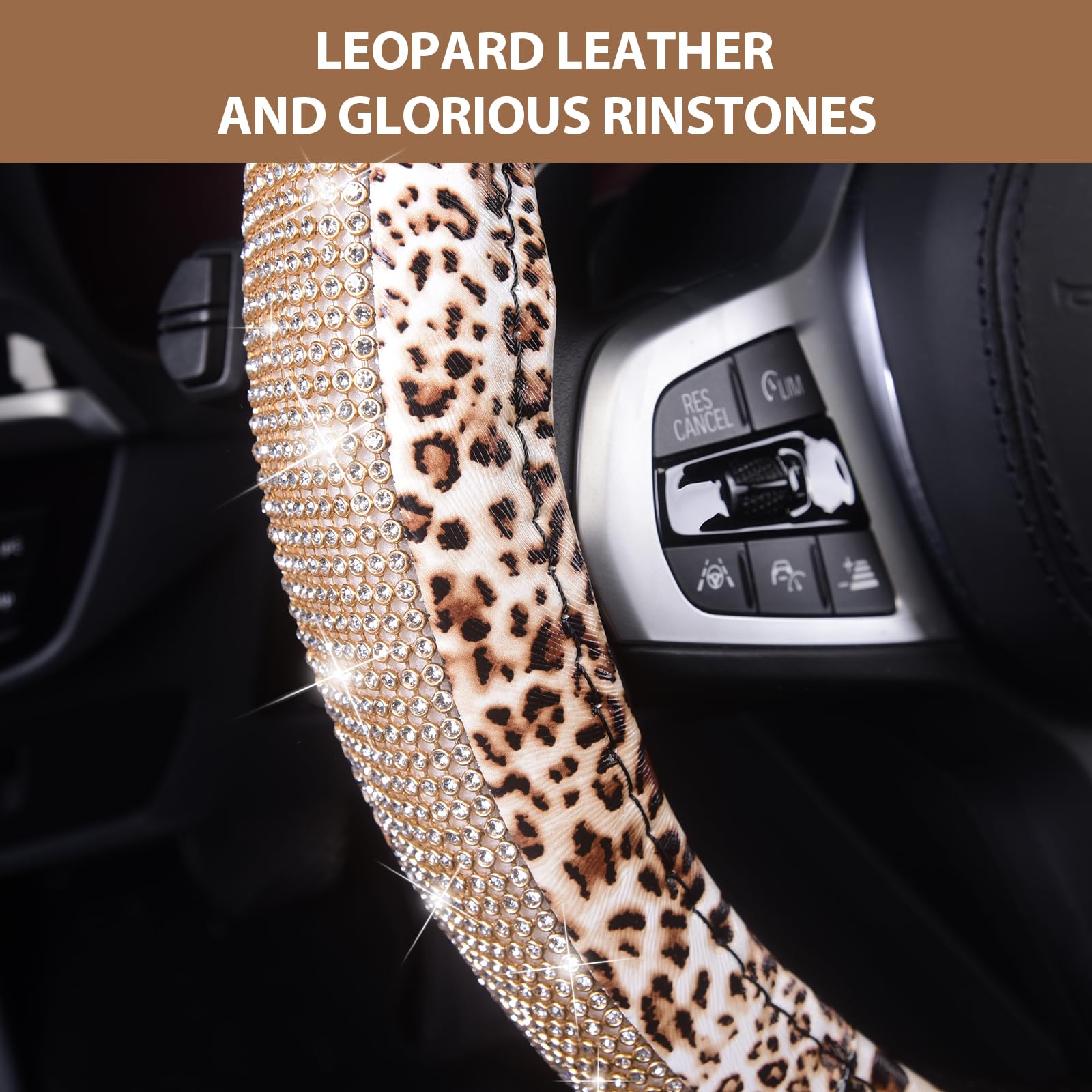 Stylish AUTOYOUTH Leopard Print Leather Steering Wheel Cover with Bling Crystal Rhinestones - Anti-Slip, Universal 15 Inch Fit for Cars, SUVs, Trucks (Black/Silver) - Perfect Gift for Women & Girls, Enhances Driving Comfort & Vehicle Interior Style