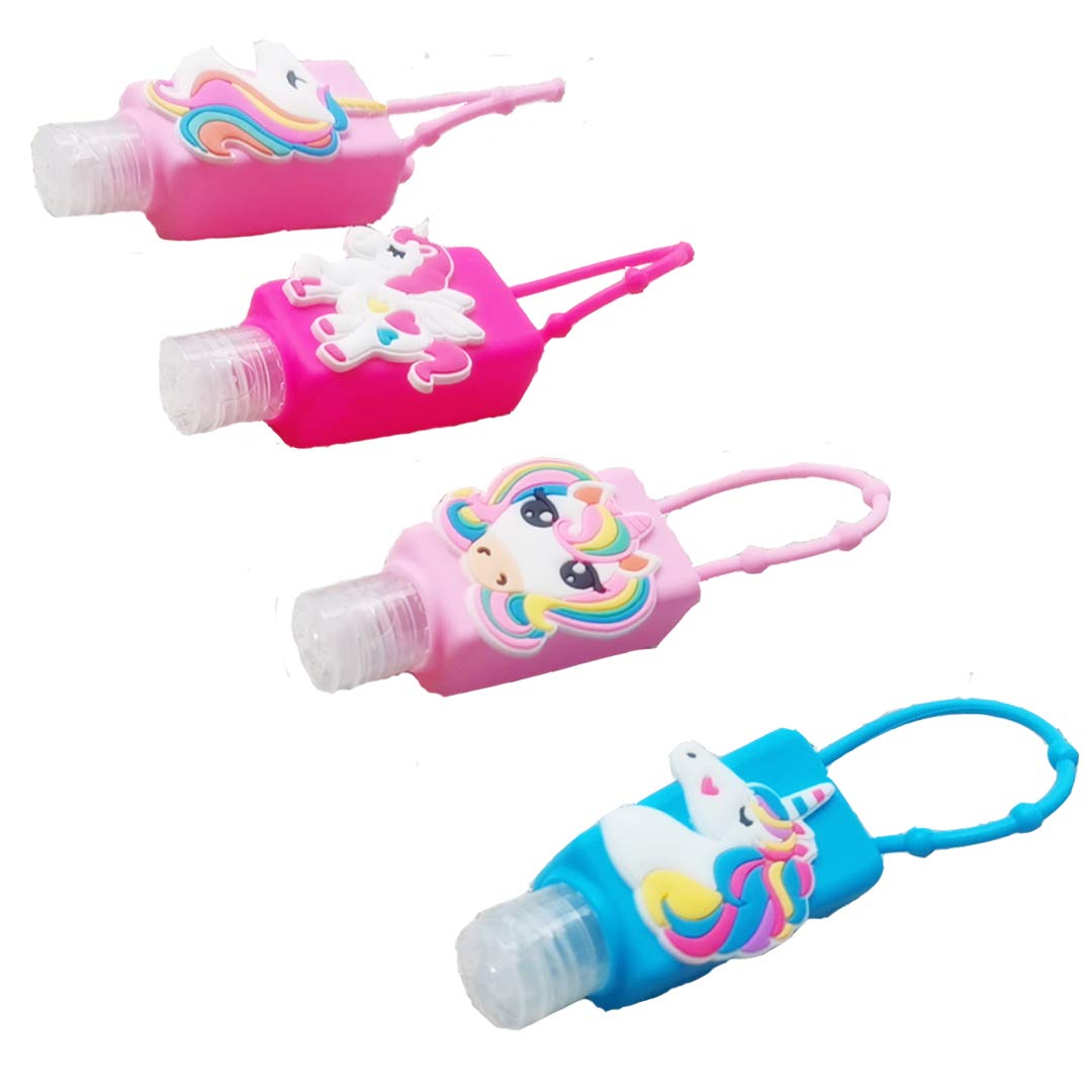 4Pcs Unicorn Kids Travel Bottles Set - Leak Proof Refillable Toiletries Containers with Detachable Hand Sanitizer Holder & Silicone Case | Cute Cartoon Empty Bottles for Shampoo, Lotion, Soap | Perfect for School, Vacation, Camping Trips