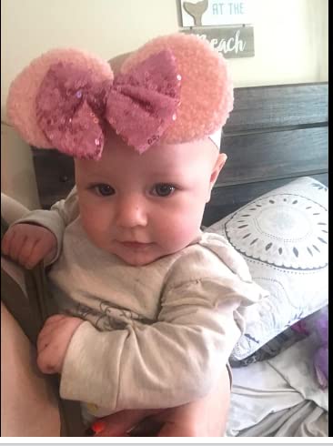 Sparkly Sequin Mouse Ears Headbands - 9 Pack Large 6 Inch Glitter Hair Bows for Baby Girls & Toddlers | Soft Nylon Hair Accessories for Newborns, Infants & Kids | Perfect for Disney Trips, Birthday Parties & Photo Shoots