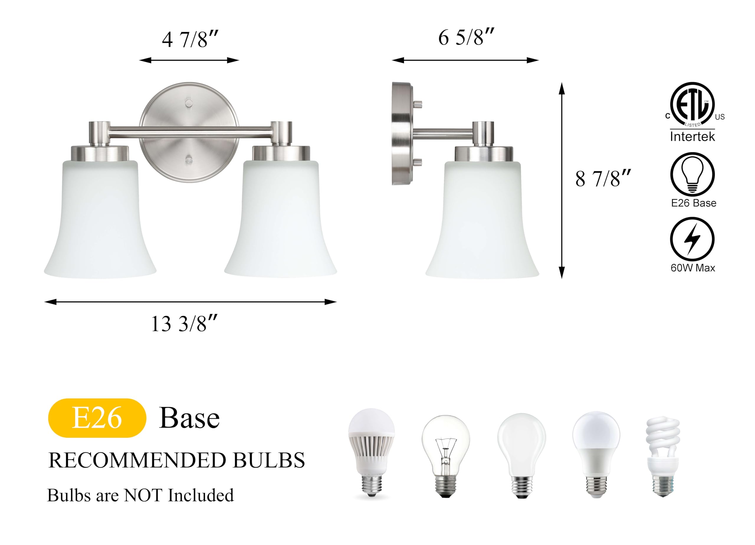 XiNBEi Modern Bathroom Vanity Light - Brushed Nickel 2-Light Wall Sconce with Glass Shades for Bathroom, Powder Room & Dressing Area | XB-W1235-2-BN