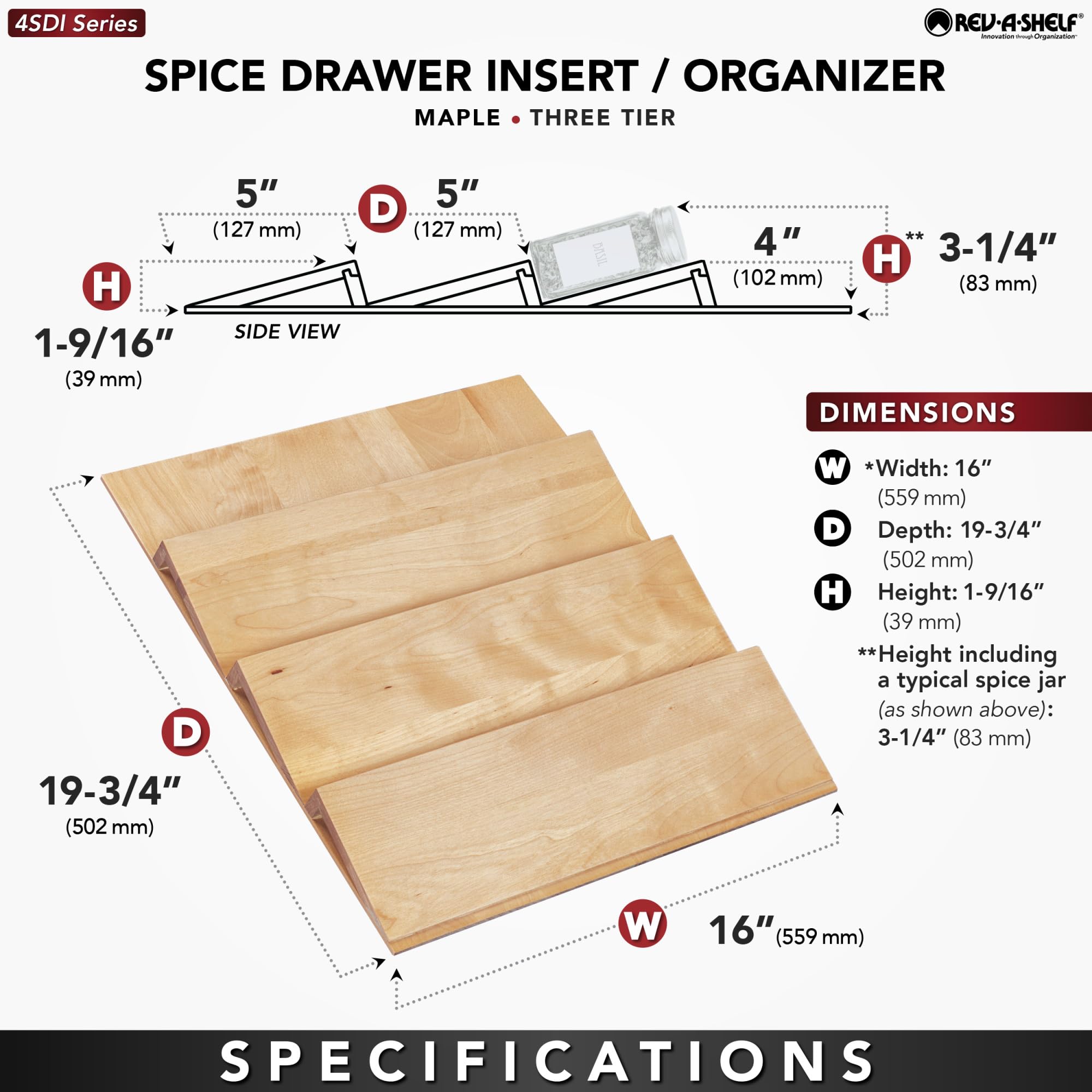 REV-A-SHELF Walnut Spice Drawer Organizer - Custom Trim-to-Fit Kitchen Cabinet Insert for Spices, Utensils & Small Items - Perfect for Pantry, Home & Restaurant Organization