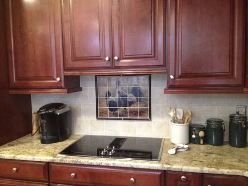 Ceramic Backsplash Tile Mural - Black Rooster and Hen Chicken Design by Laurie Snow Hein - Perfect for Kitchen & Bathroom Wall Decor